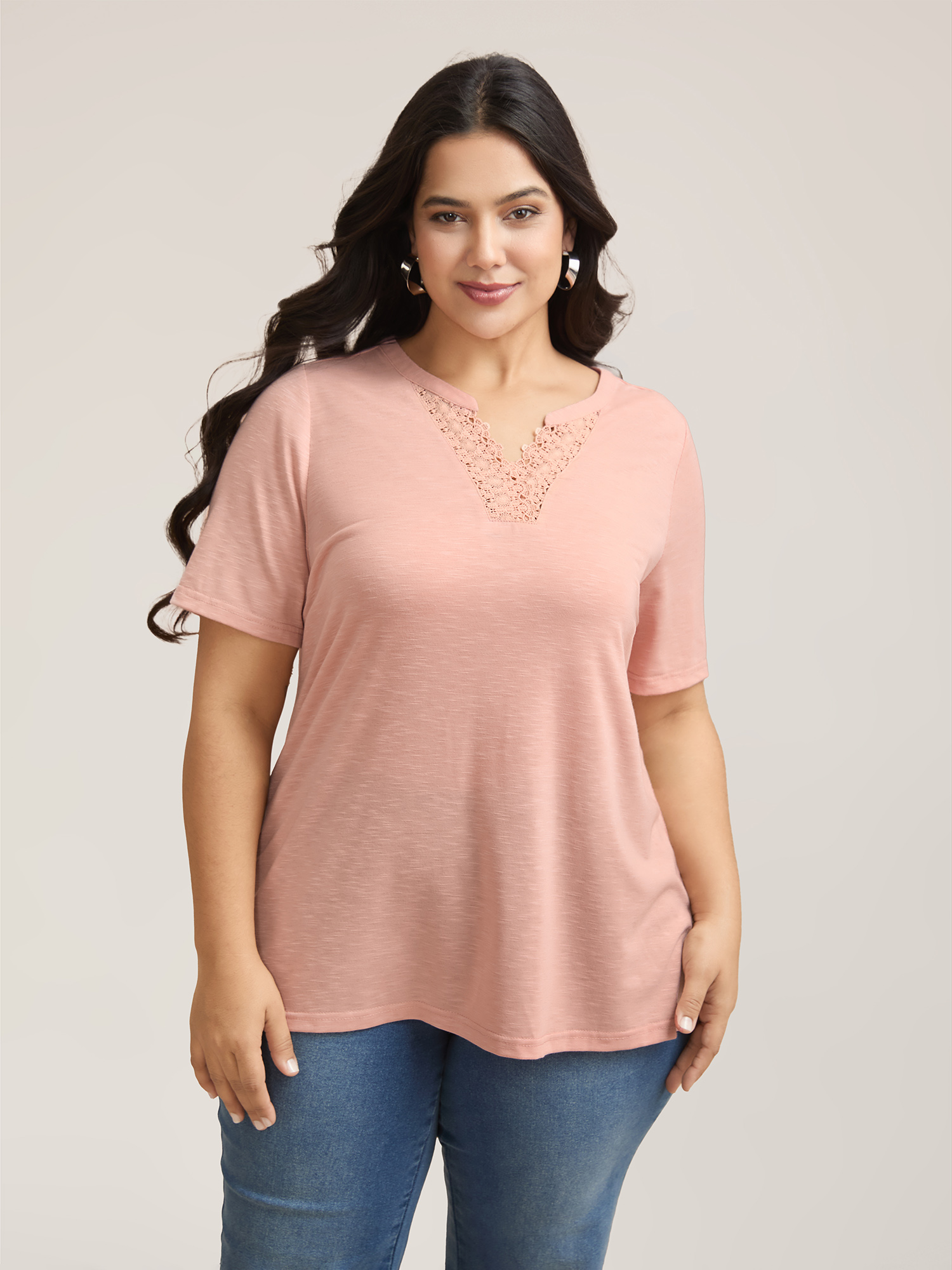Plus Size Lace Detail Notched Collar Fitted T-Shirt Crepe Women Casual Patchwork Flat collar with V-notch Everyday T-shirts BloomChic 10/M 