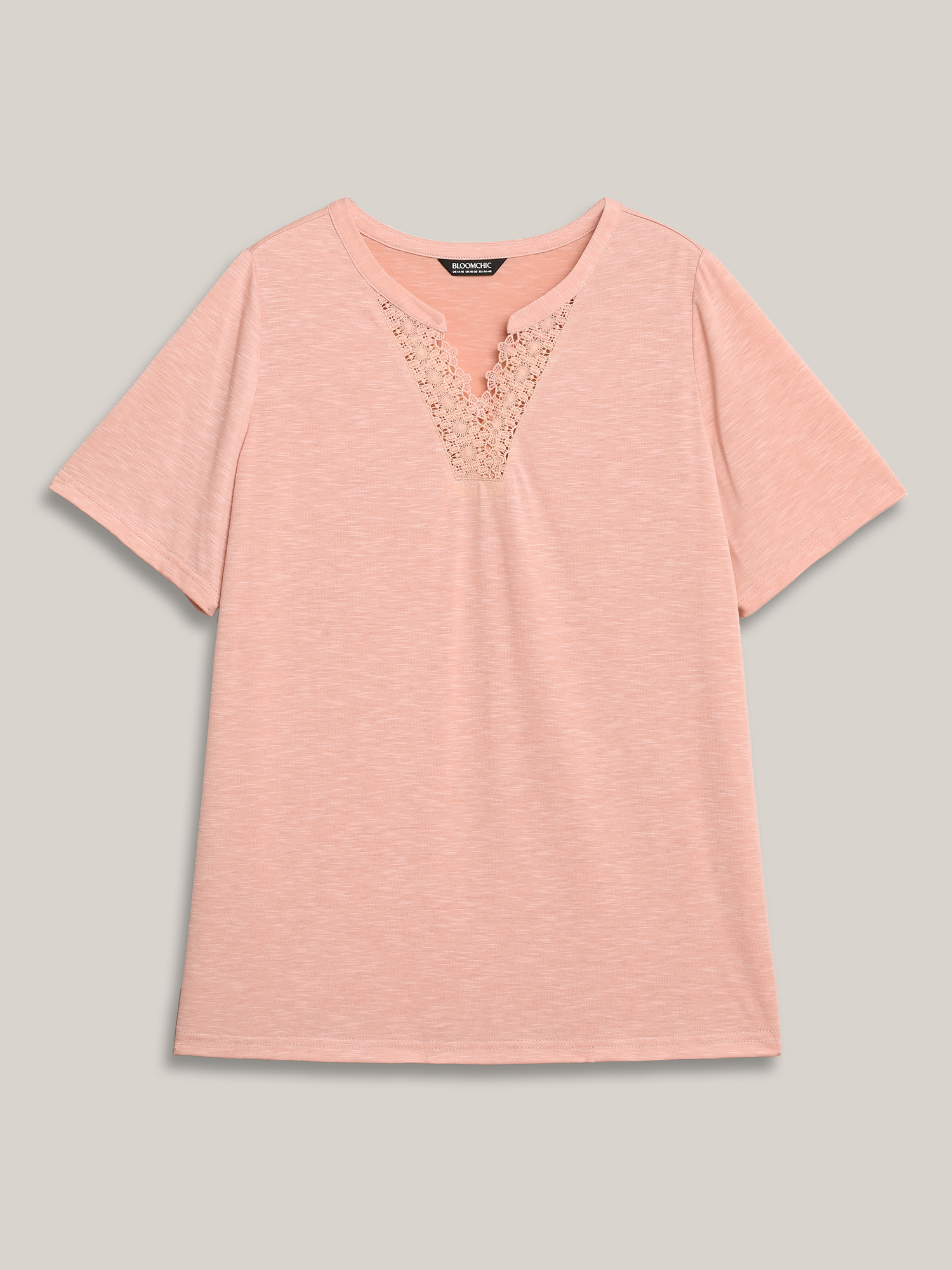 Plus Size Lace Detail Notched Collar Fitted T-Shirt Crepe Women Casual Patchwork Flat collar with V-notch Everyday T-shirts BloomChic 10/M 