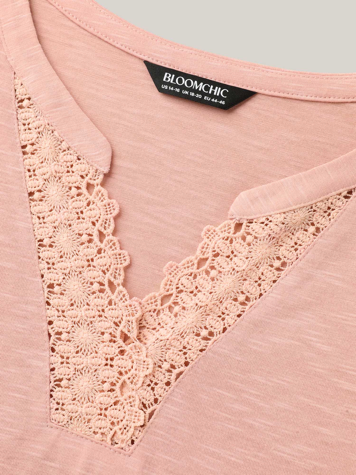Plus Size Lace Detail Notched Collar Fitted T-Shirt Crepe Women Casual Patchwork Flat collar with V-notch Everyday T-shirts BloomChic 10/M 