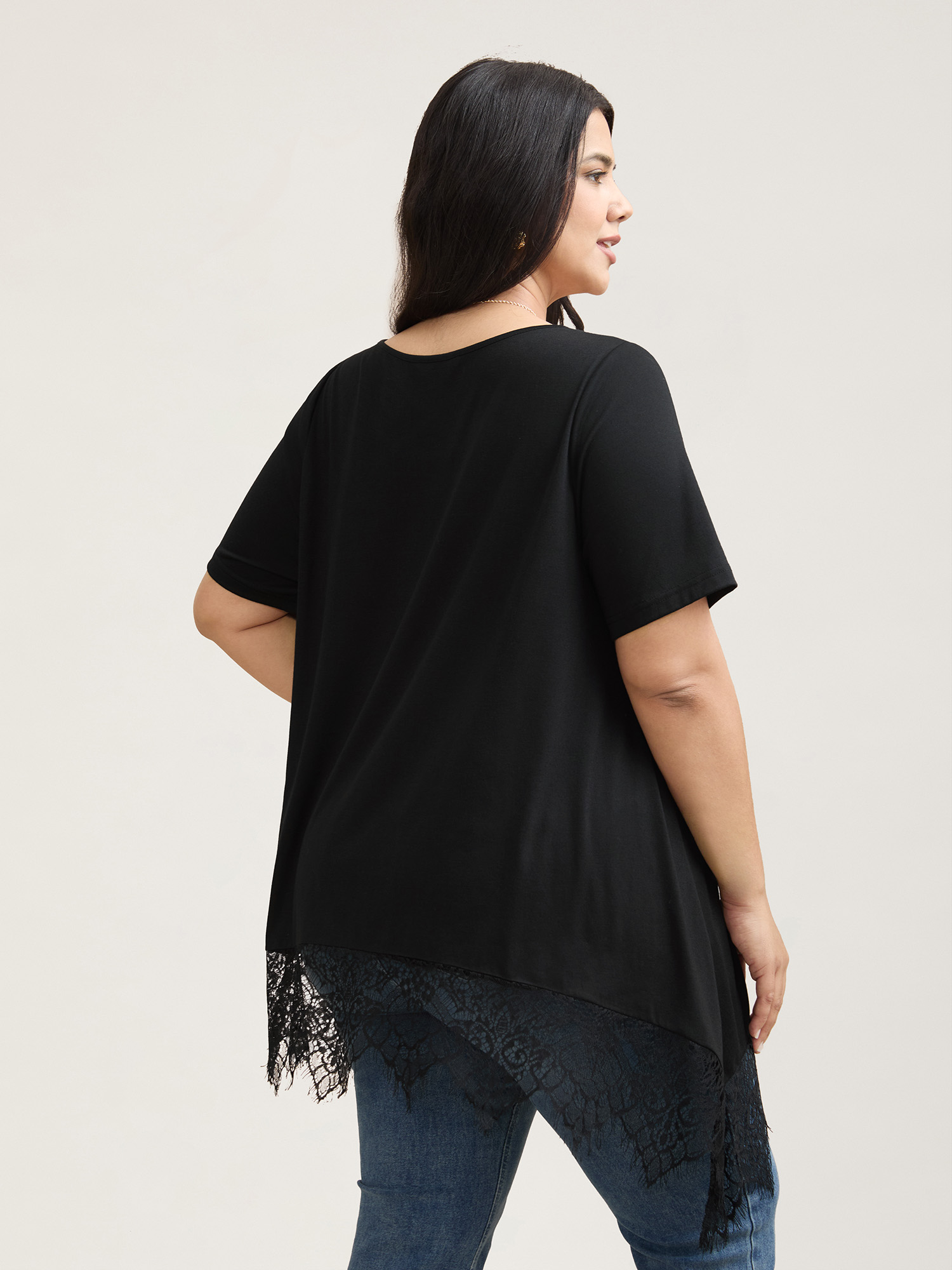 Plus Size Lace Trim Round Neck Casual T-Shirt Black Women Elegant Patchwork Round Neck Loose Everyday T-shirts BloomChic 22-24/3X 