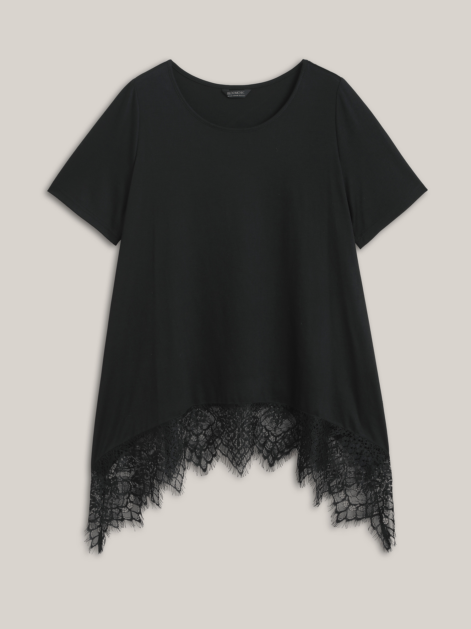 Plus Size Lace Trim Round Neck Casual T-Shirt Black Women Elegant Patchwork Round Neck Loose Everyday T-shirts BloomChic 22-24/3X 