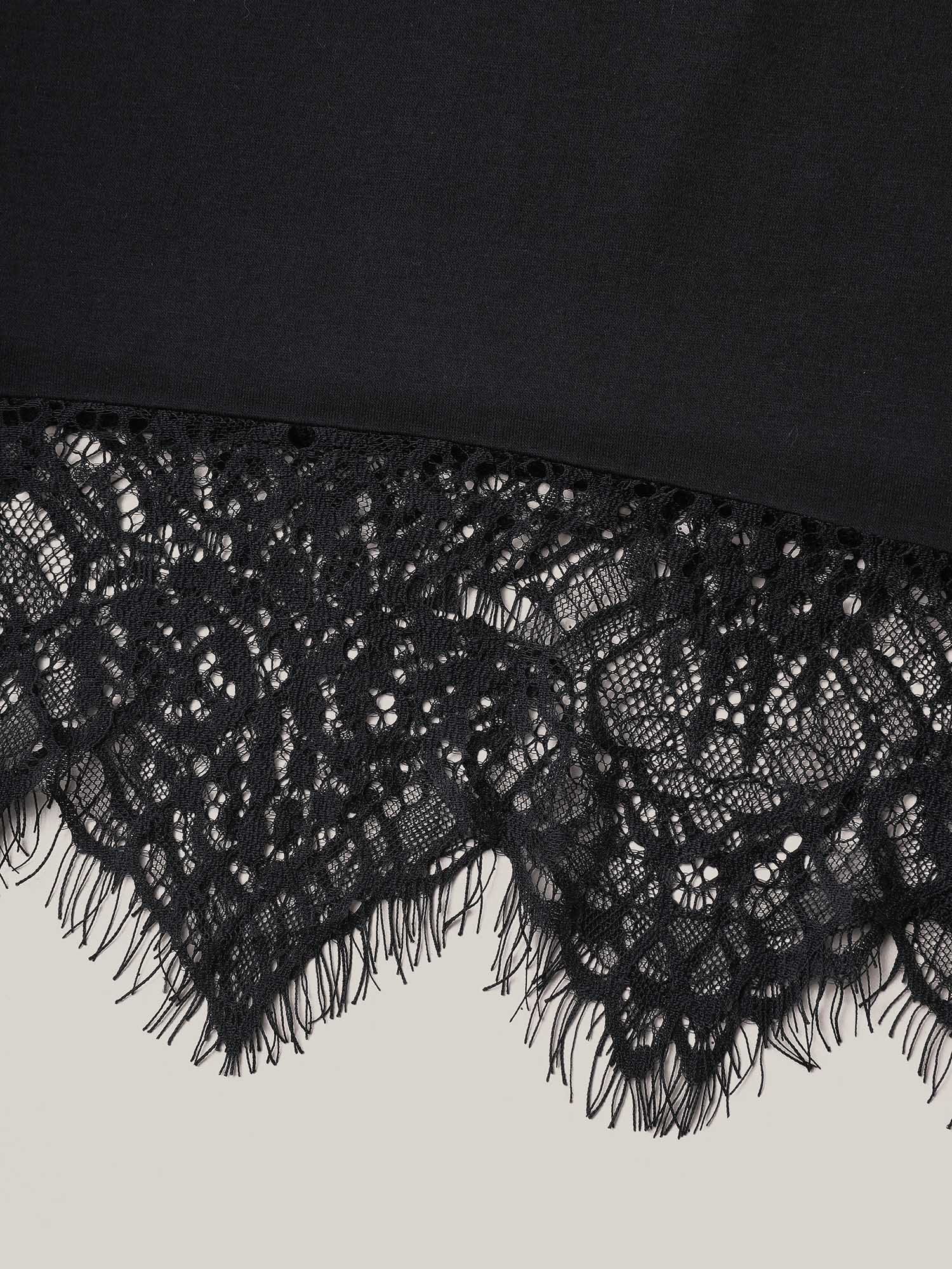 Plus Size Lace Trim Round Neck Casual T-Shirt Black Women Elegant Patchwork Round Neck Loose Everyday T-shirts BloomChic 22-24/3X 
