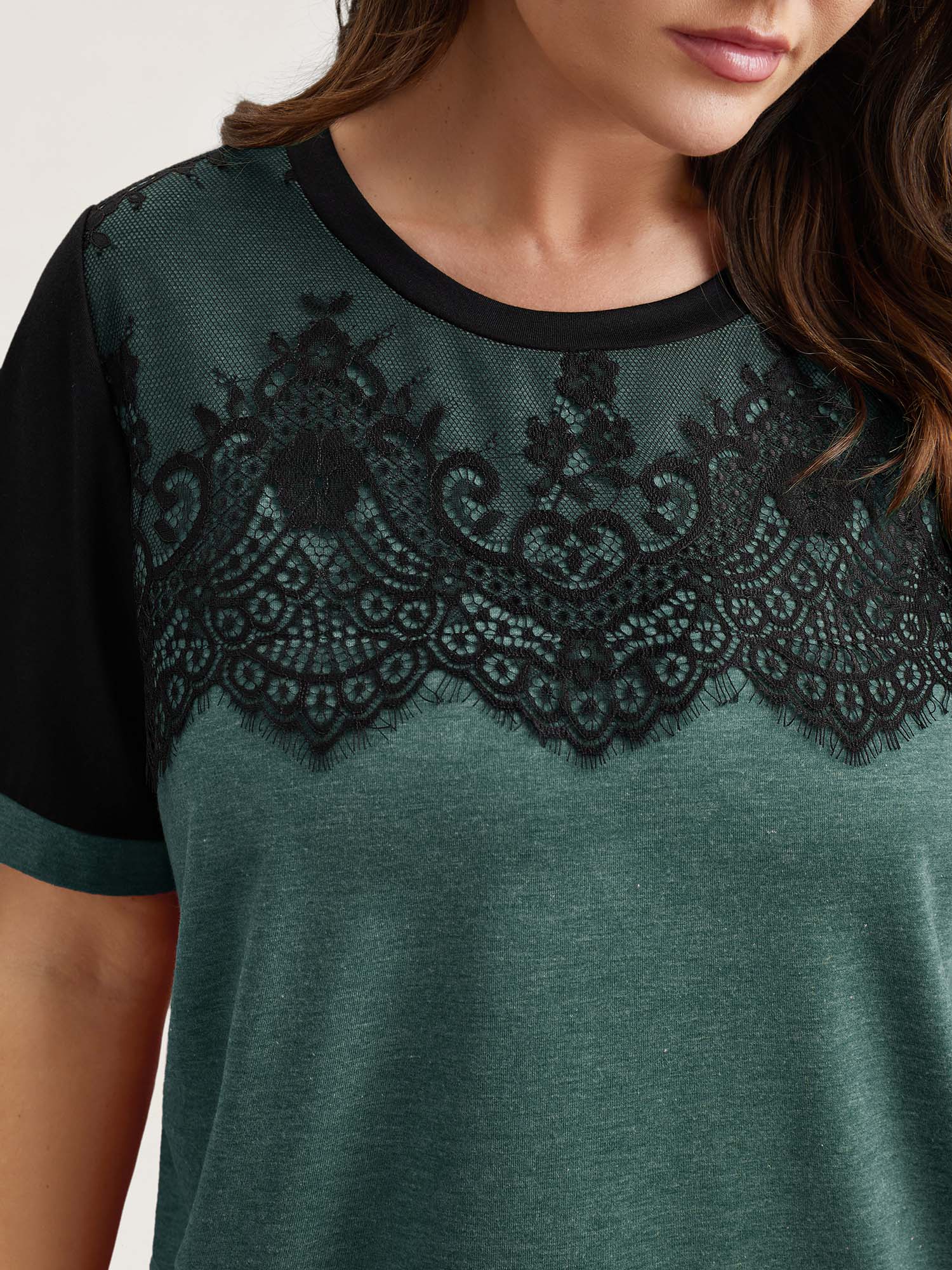 Plus Size Stretchy Scalloped Lace Color Contrast T-Shirt DarkSlateGray Women Elegant Contrast Round Neck Everyday T-shirts BloomChic 10/M 