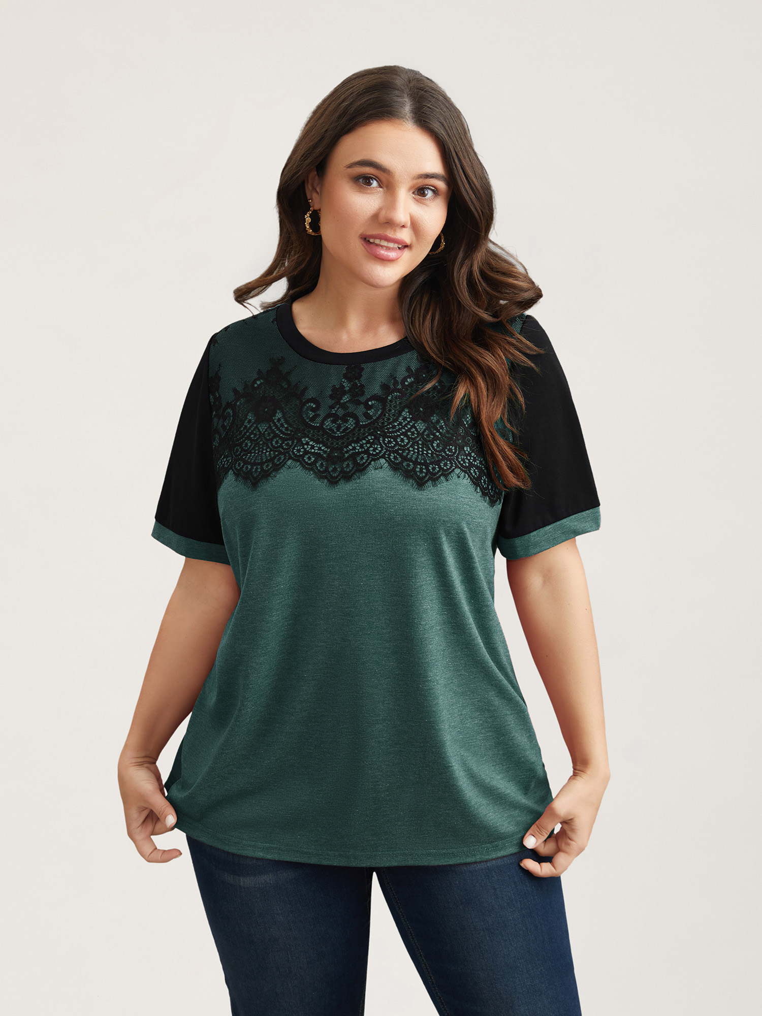 Plus Size Stretchy Scalloped Lace Color Contrast T-Shirt DarkSlateGray Women Elegant Contrast Round Neck Everyday T-shirts BloomChic 10/M 