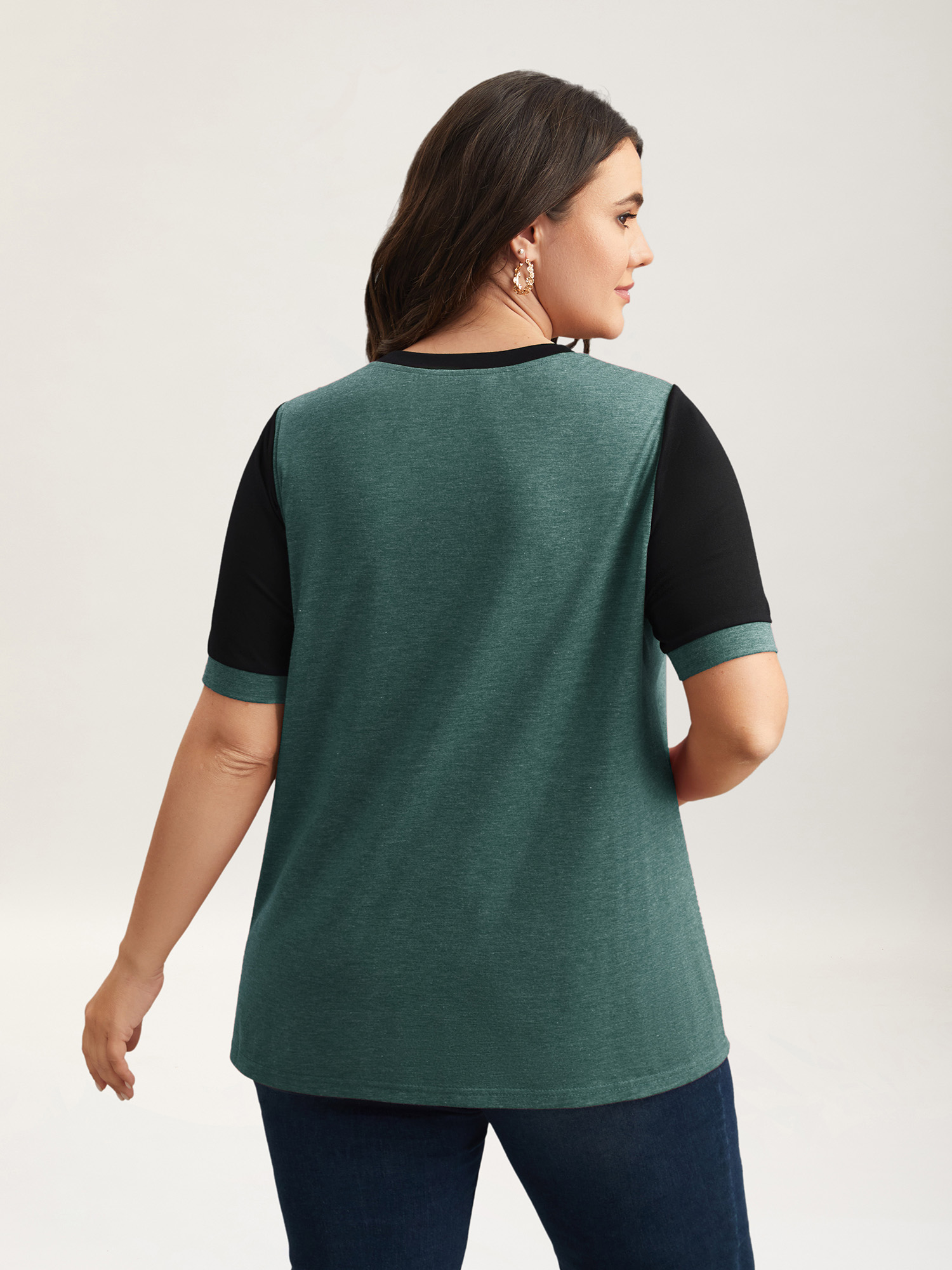 Plus Size Stretchy Scalloped Lace Color Contrast T-Shirt DarkSlateGray Women Elegant Contrast Round Neck Everyday T-shirts BloomChic 10/M 