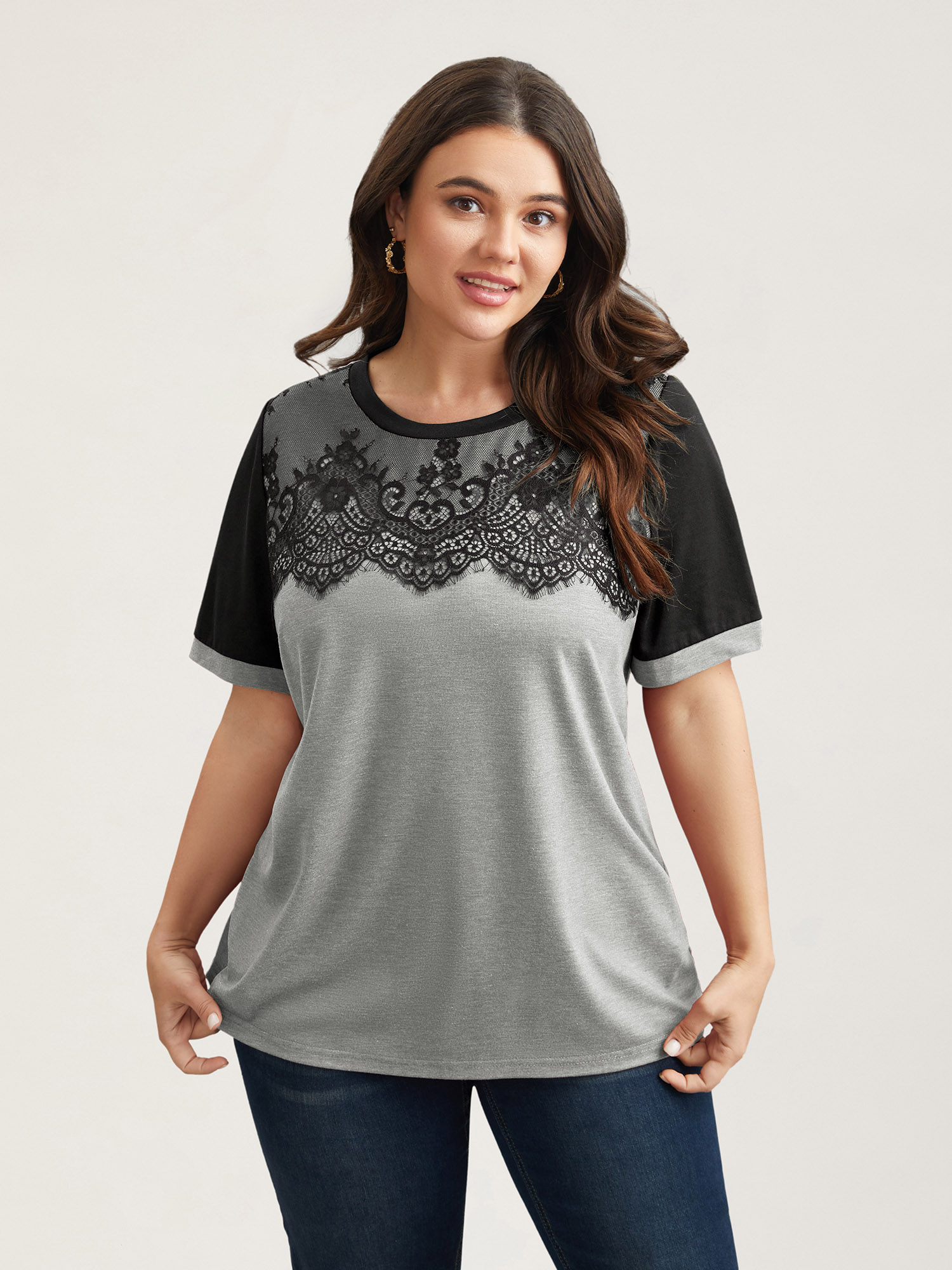 Plus Size Stretchy Scalloped Lace Color Contrast T-Shirt LightGray Women Elegant Contrast Round Neck Everyday T-shirts BloomChic 10/M 