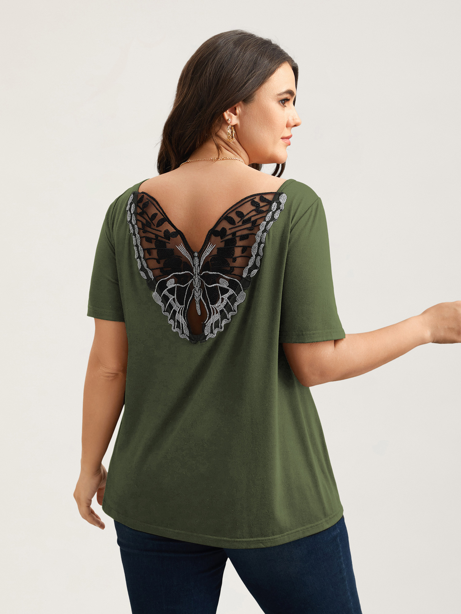 

Plus Size Butterfly Back Stretchy Round Neck T-Shirt ArmyGreen Women Elegant See through Round Neck Everyday T-shirts BloomChic