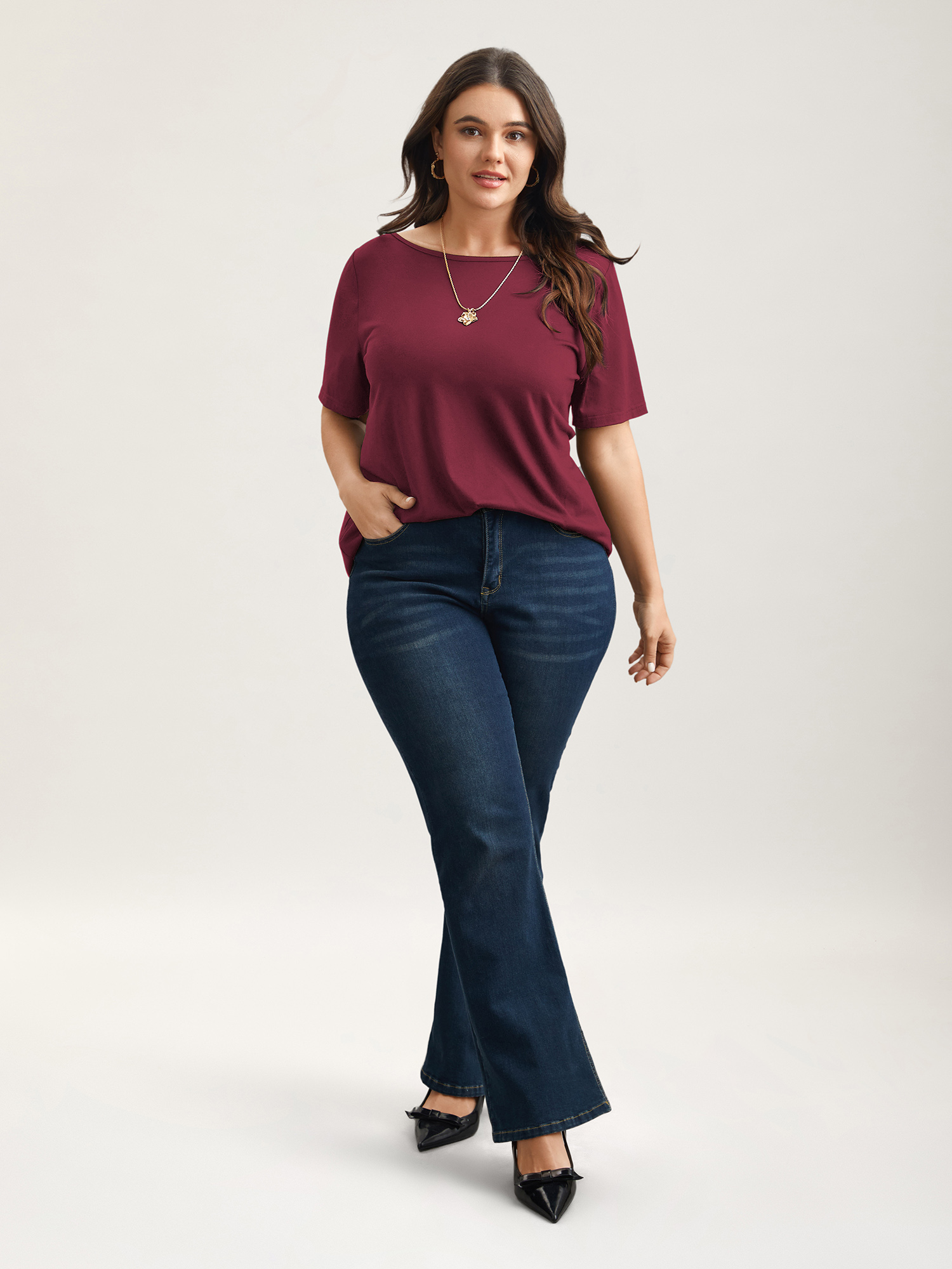 Plus Size Butterfly Back Stretchy Round Neck T-Shirt Burgundy Women Elegant See through Round Neck Everyday T-shirts BloomChic 10/M 