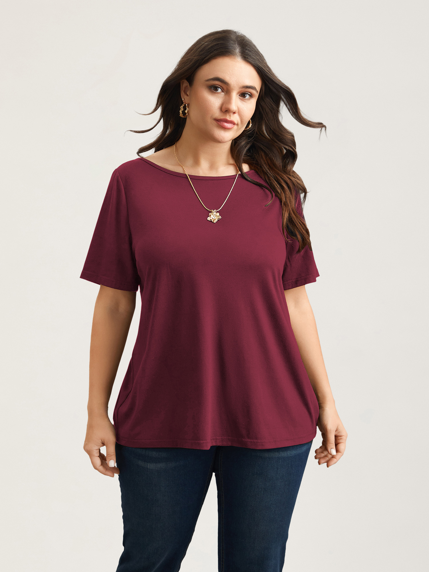 Plus Size Butterfly Back Stretchy Round Neck T-Shirt Burgundy Women Elegant See through Round Neck Everyday T-shirts BloomChic 10/M 