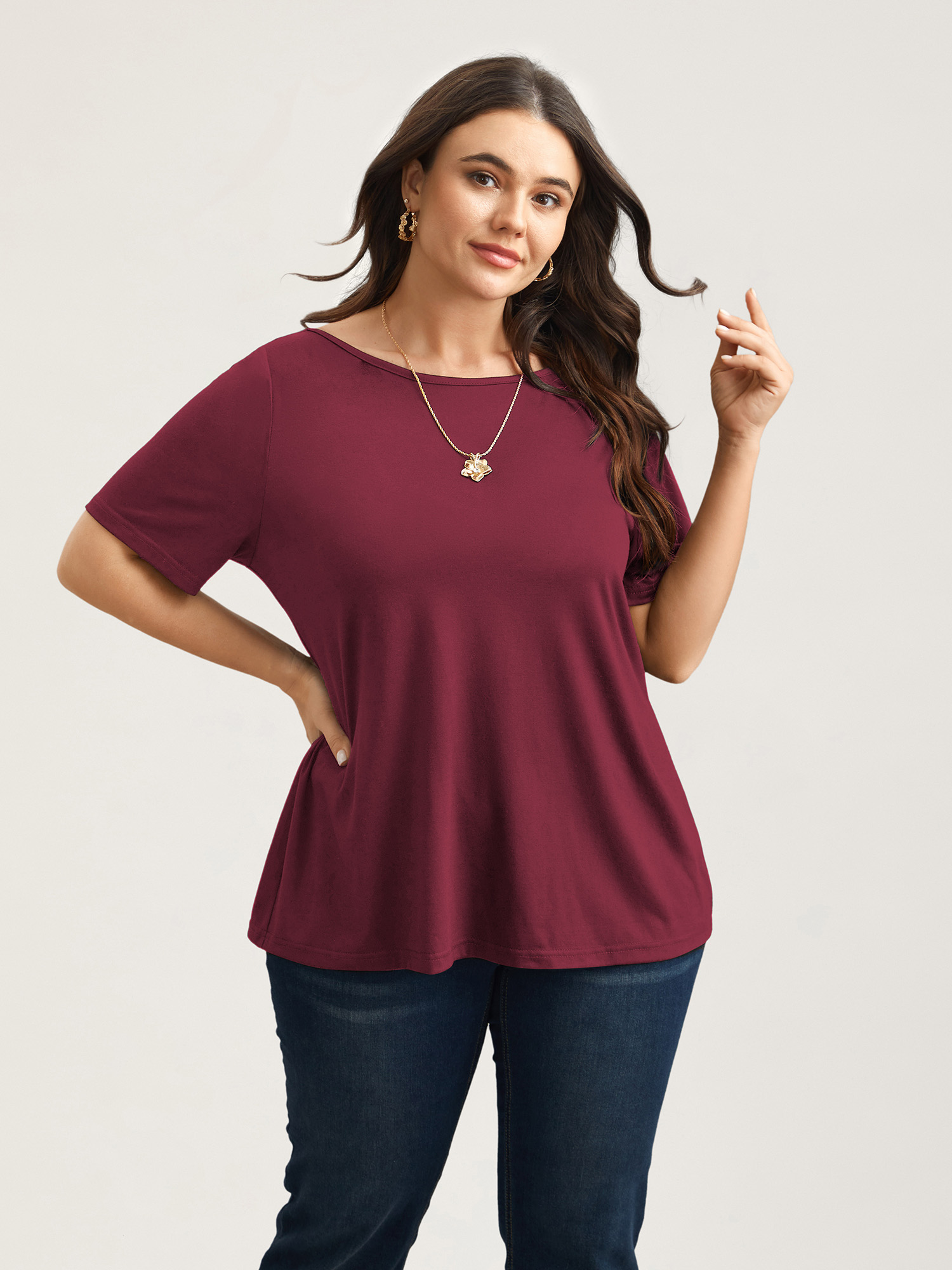 

Plus Size Butterfly Back Stretchy Round Neck T-Shirt Burgundy Women Elegant See through Round Neck Everyday T-shirts BloomChic