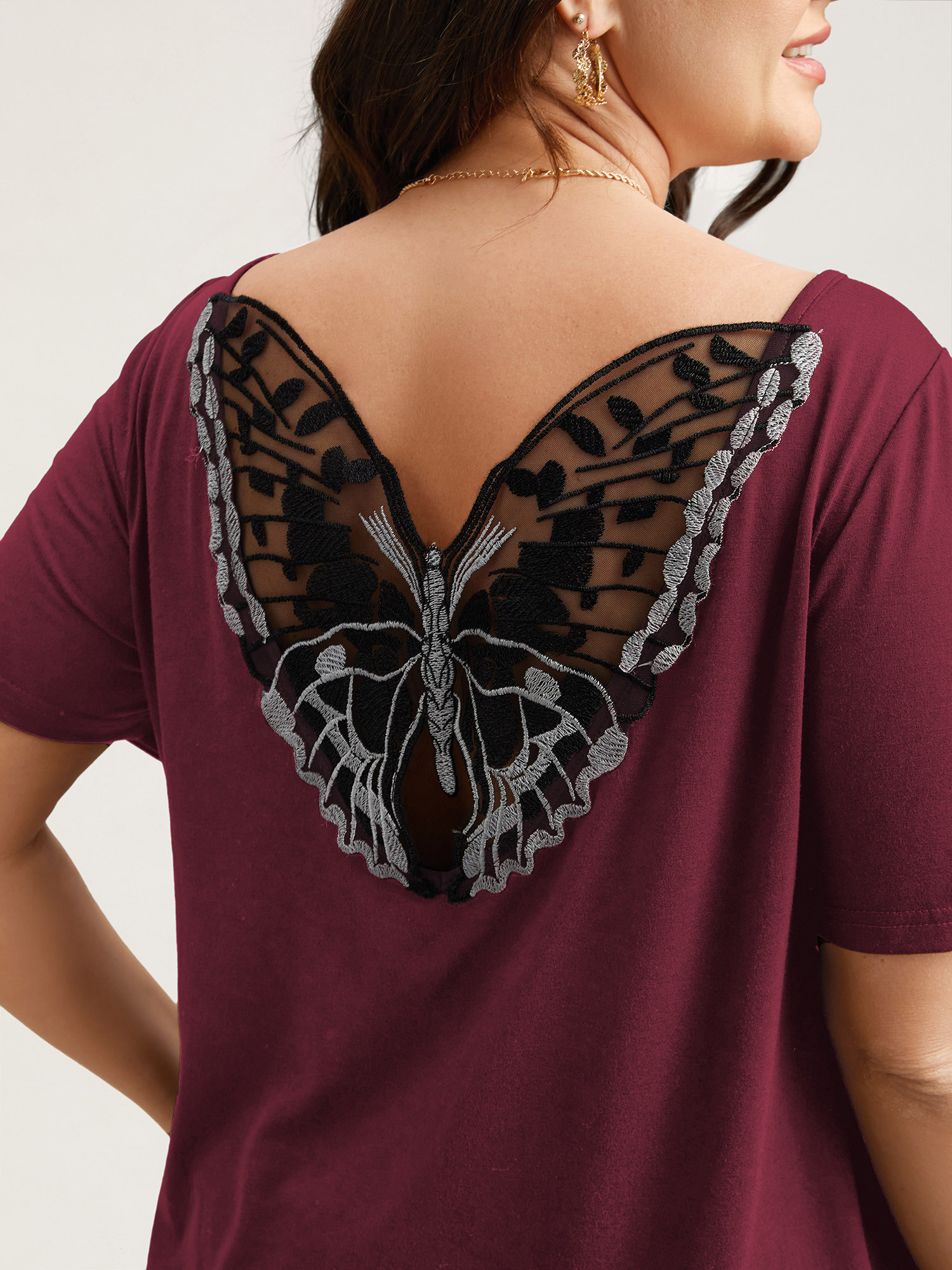Plus Size Butterfly Back Stretchy Round Neck T-Shirt Burgundy Women Elegant See through Round Neck Everyday T-shirts BloomChic 10/M 