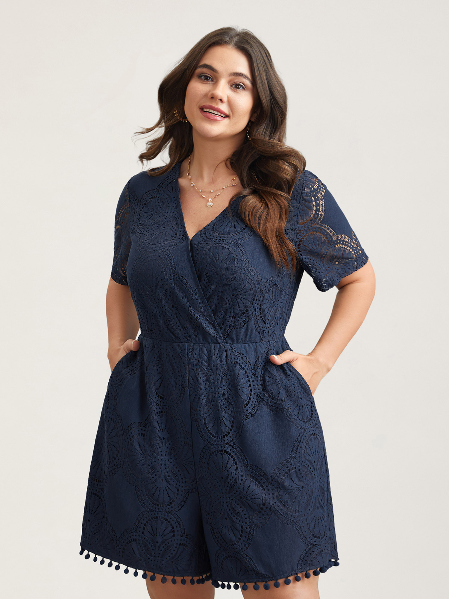 

Plus Size Lace Sleeve Stretchy Waist Pockets Romper Navy Side seam pocket Elegant Everyday  Rompers Bloomchic