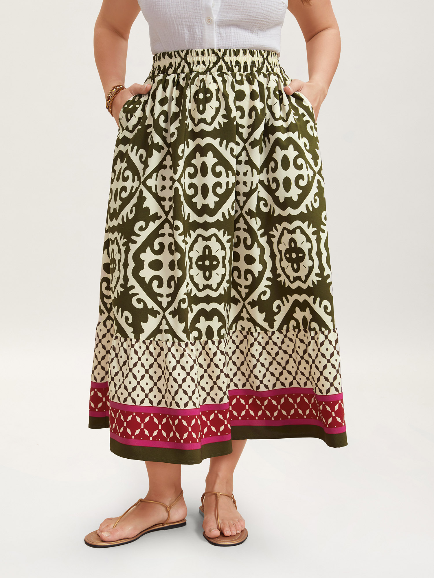 Plus Size Mixed Ornate Print Contrast Maxi Skirt Women Moss Resort Contrast Loose No stretch Slanted pocket Vacation Skirts BloomChic 26/4X 
