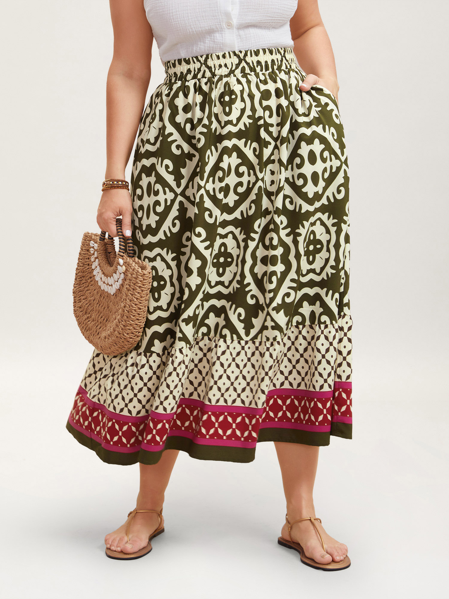 Plus Size Mixed Ornate Print Contrast Maxi Skirt Women Moss Resort Contrast Loose No stretch Slanted pocket Vacation Skirts BloomChic 26/4X 