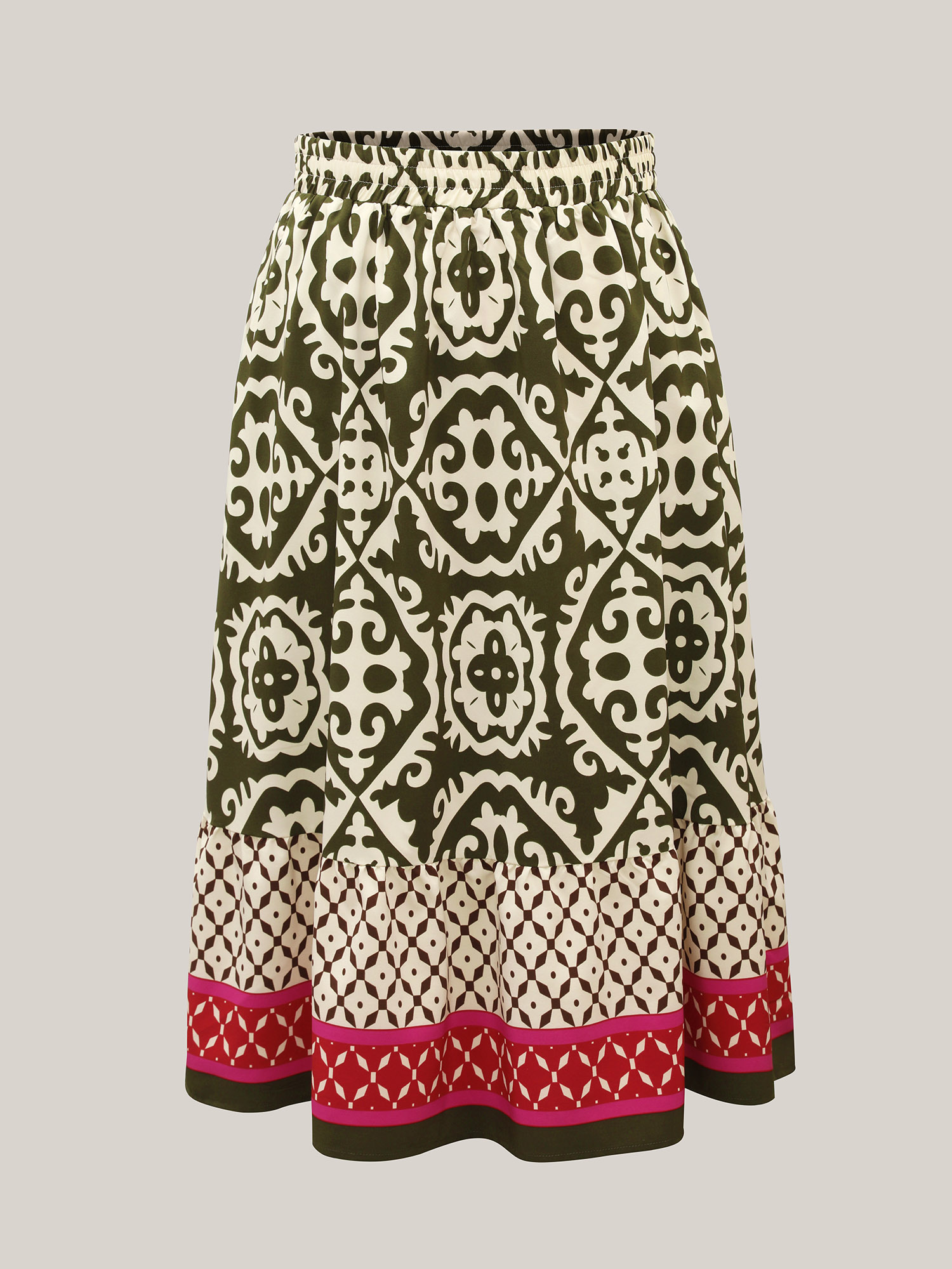 Plus Size Mixed Ornate Print Contrast Maxi Skirt Women Moss Resort Contrast Loose No stretch Slanted pocket Vacation Skirts BloomChic 26/4X 