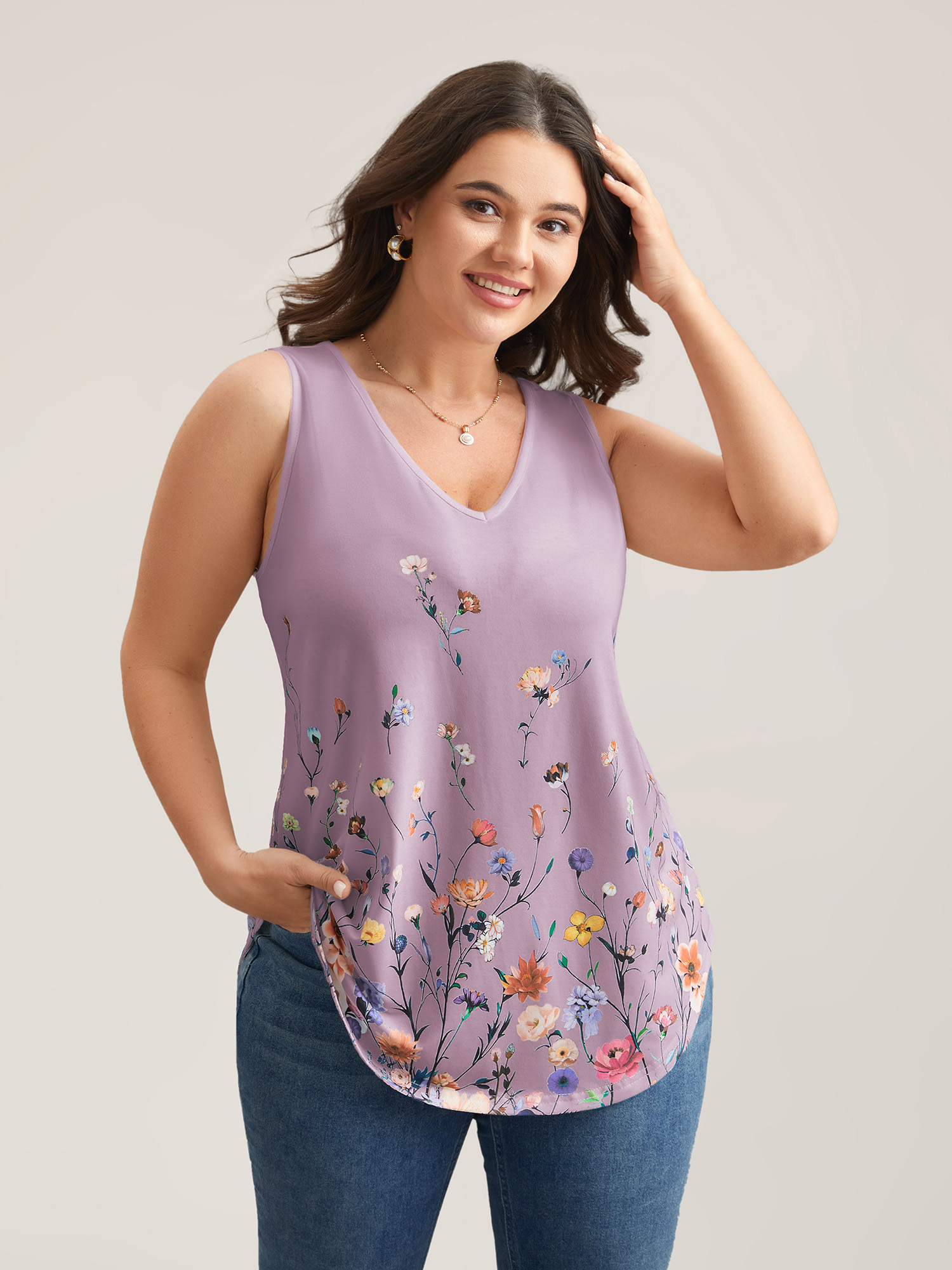 

Plus Size Blooming Flowers Print Stretchy Vest Women Lilac Elegant Non V-neck Everyday Tank Tops Camis BloomChic