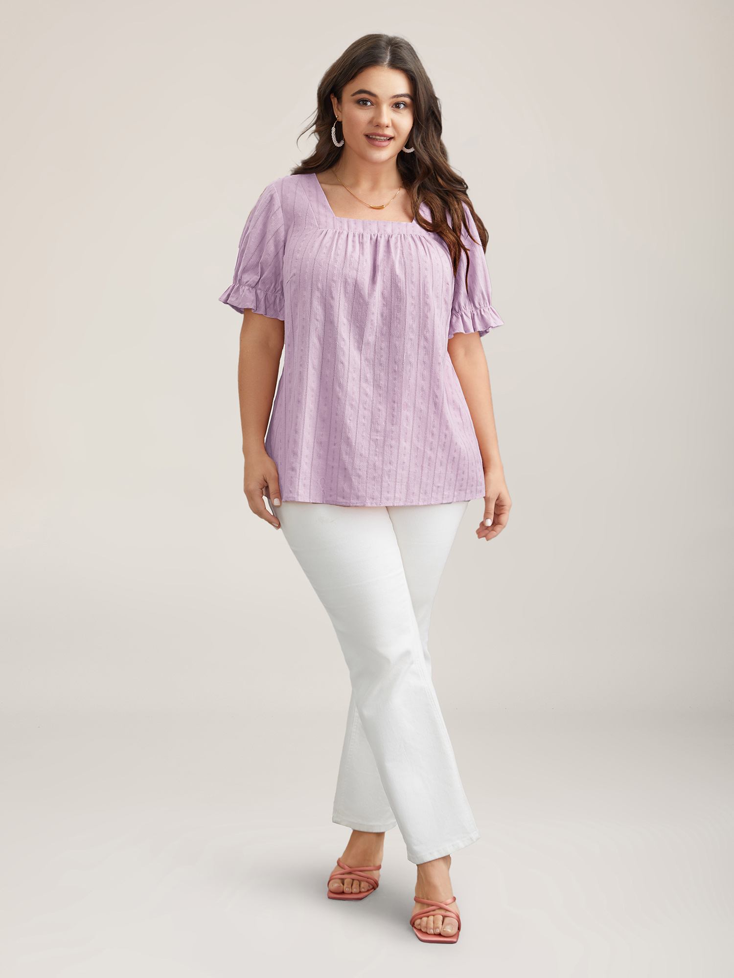 Plus Size Lilac Cotton Square Neck Ruffled Sleeve Shirt Women Elegant Short sleeve Square Neck Everyday Blouses BloomChic 10/M 