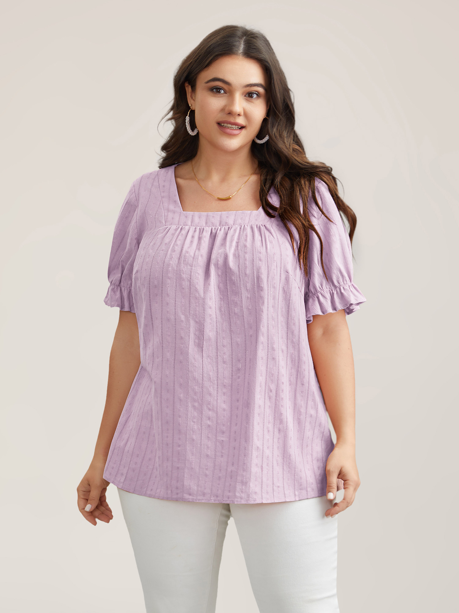 Plus Size Lilac Cotton Square Neck Ruffled Sleeve Shirt Women Elegant Short sleeve Square Neck Everyday Blouses BloomChic 10/M 