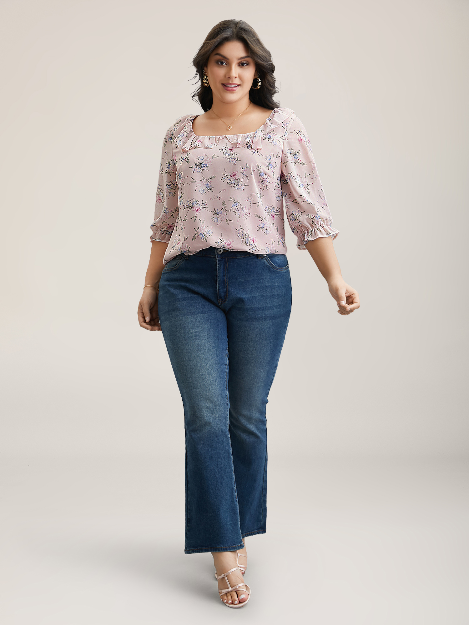 Plus Size Lightpink Chiffon Printed Ruffled Shirt Women Elegant Elbow-length sleeve Square Neck Everyday Blouses BloomChic 12/L 