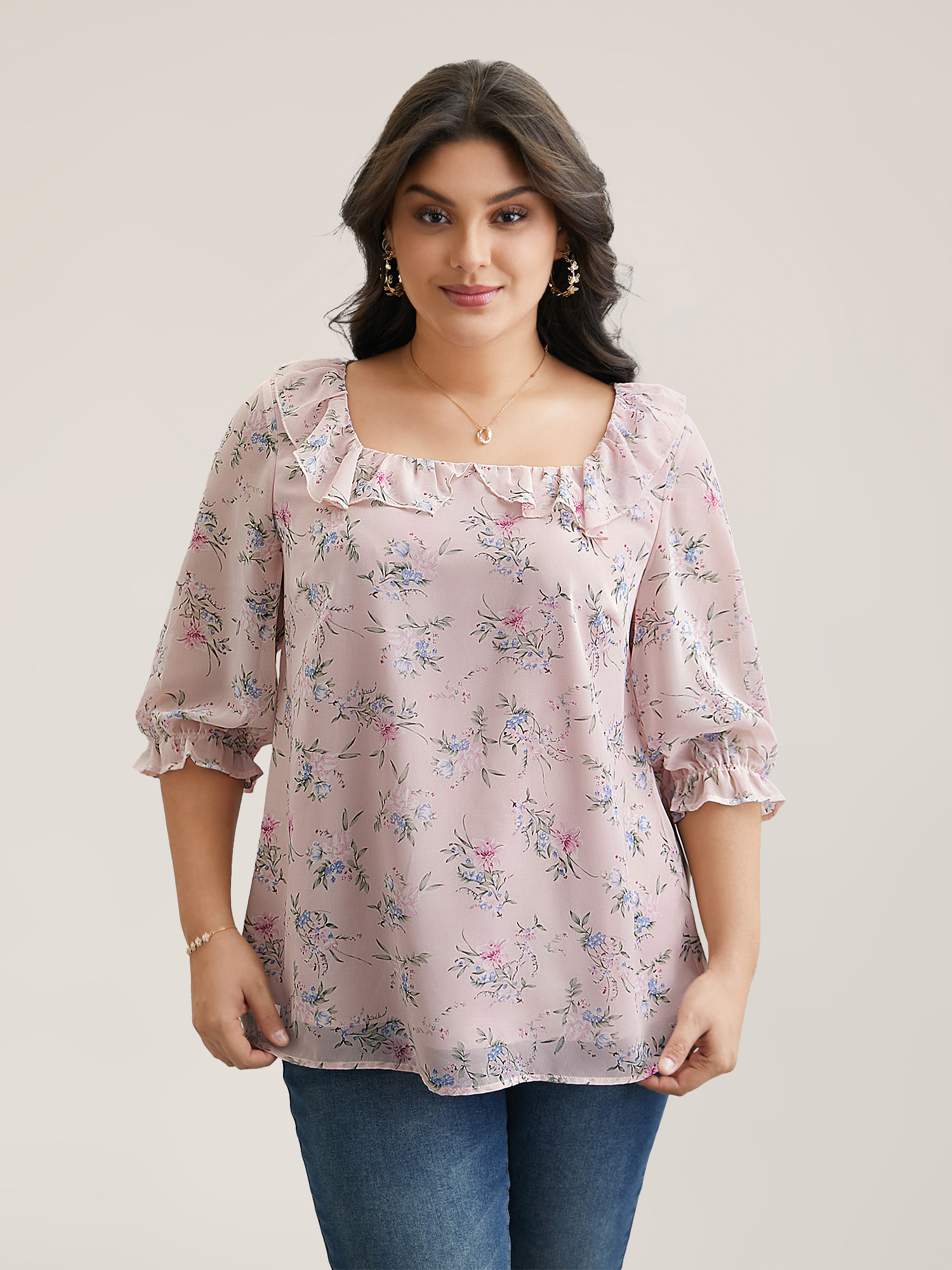 Plus Size Lightpink Chiffon Printed Ruffled Shirt Women Elegant Elbow-length sleeve Square Neck Everyday Blouses BloomChic 12/L 