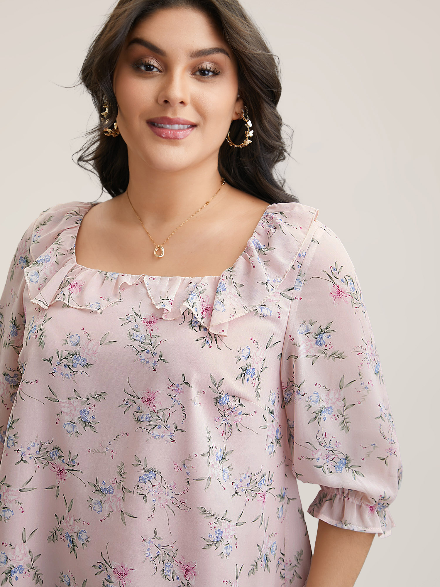 

Plus Size Lightpink Chiffon Printed Ruffled Shirt Women Elegant Elbow-length sleeve Square Neck Everyday Blouses BloomChic