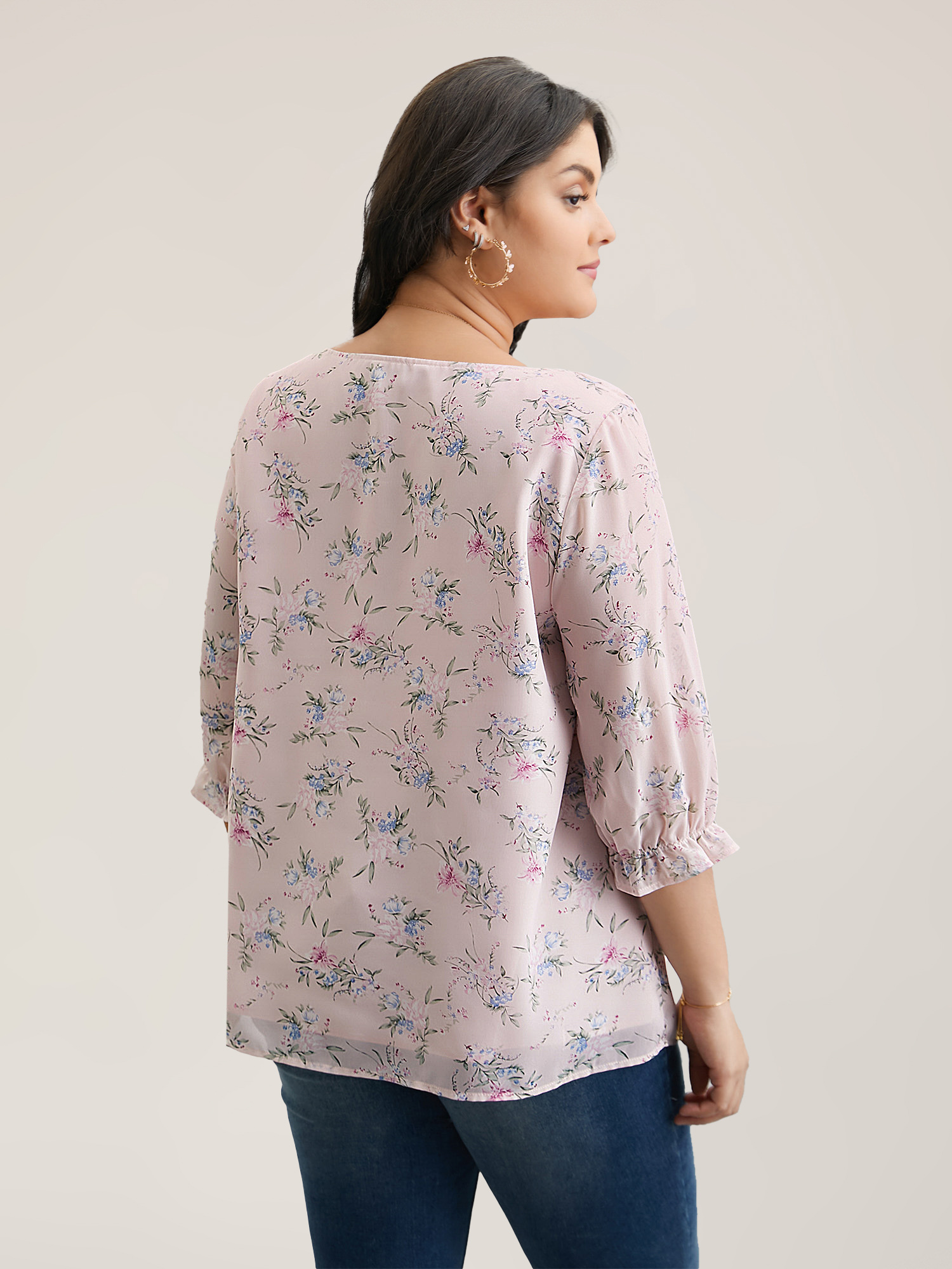 Plus Size Lightpink Chiffon Printed Ruffled Shirt Women Elegant Elbow-length sleeve Square Neck Everyday Blouses BloomChic 12/L 
