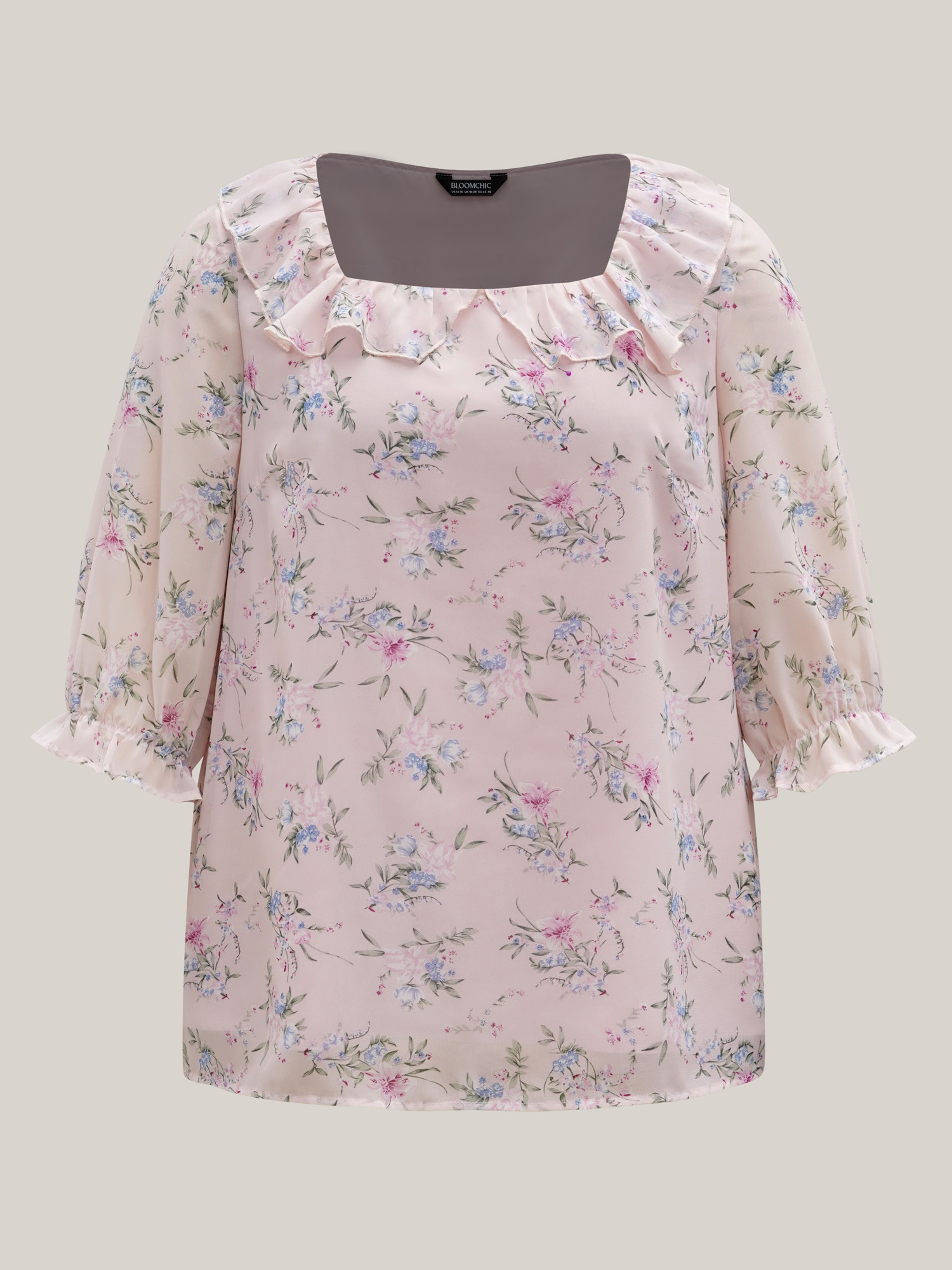 Plus Size Lightpink Chiffon Printed Ruffled Shirt Women Elegant Elbow-length sleeve Square Neck Everyday Blouses BloomChic 12/L 