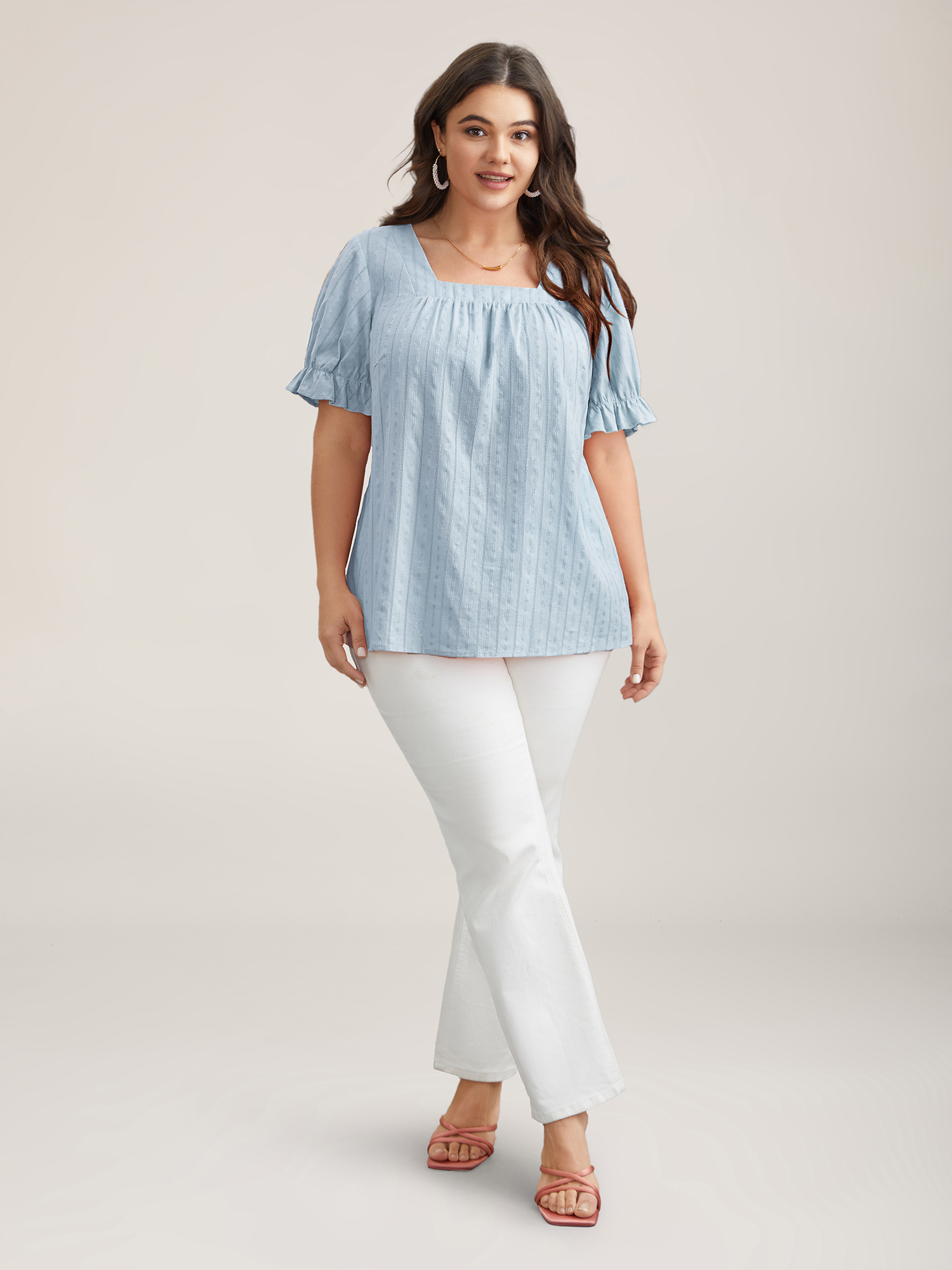 Plus Size LightBlue Cotton Square Neck Ruffled Sleeve Shirt Women Elegant Short sleeve Square Neck Everyday Blouses BloomChic 10/M 