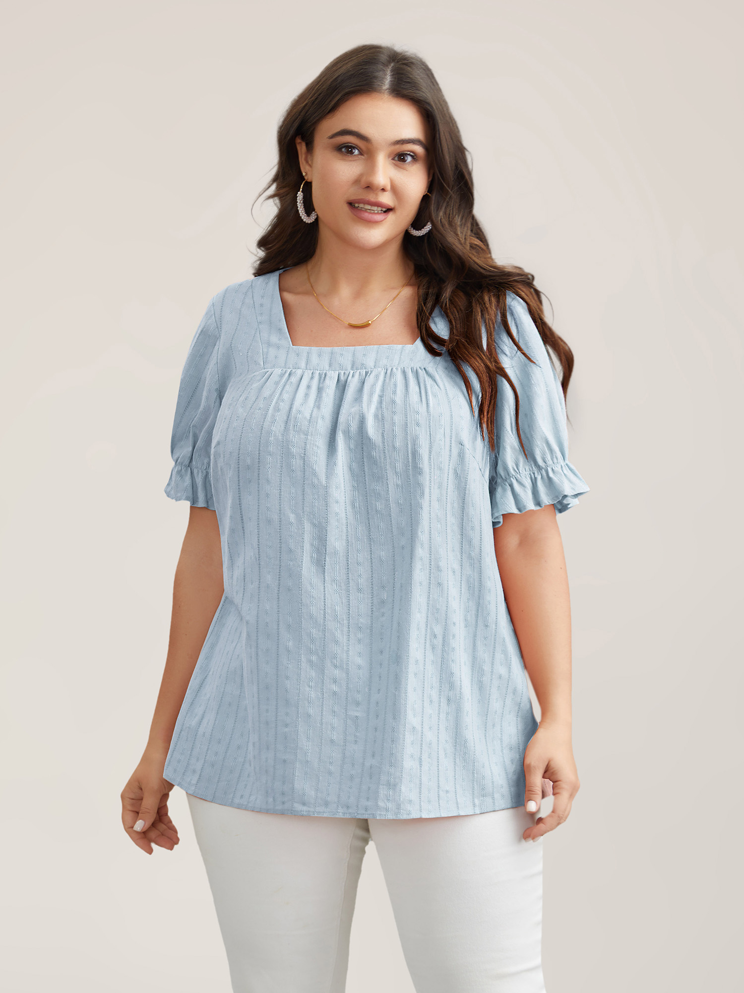 Plus Size LightBlue Cotton Square Neck Ruffled Sleeve Shirt Women Elegant Short sleeve Square Neck Everyday Blouses BloomChic 10/M 