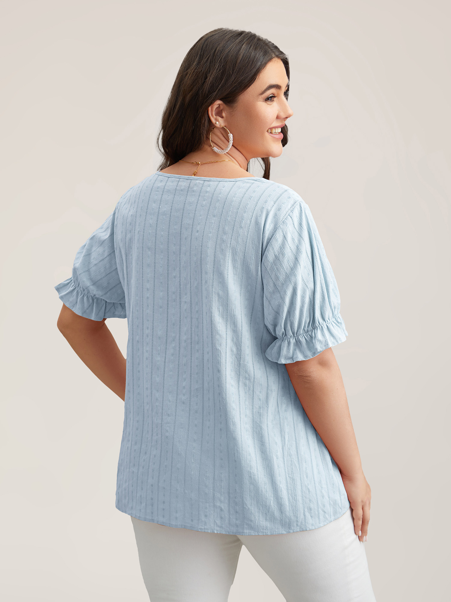 

Plus Size LightBlue Cotton Square Neck Ruffled Sleeve Shirt Women Elegant Short sleeve Square Neck Everyday Blouses BloomChic