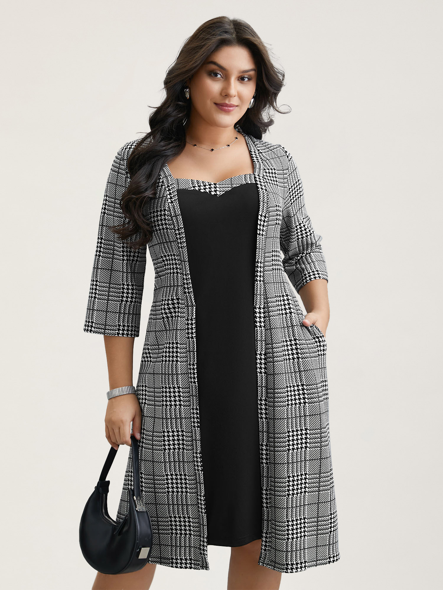 

Plus Size Houndstooth Print Waist-Cinched Patchwork Midi Dress BlackFlower Women At the Office Patchwork Knit Dresses Bloomchic