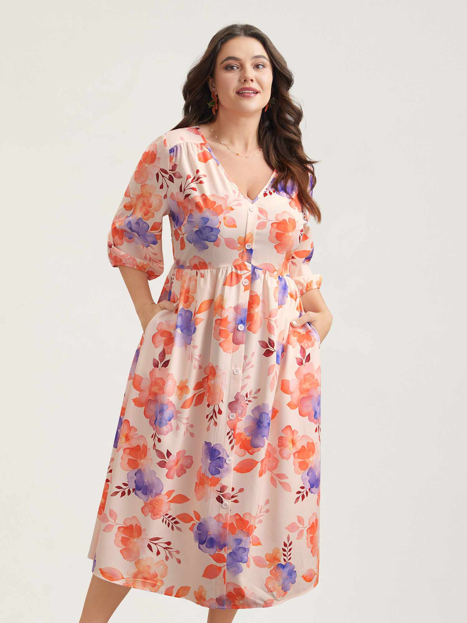 

Plus Size Floral Fusion Front-Placket Midi Dress Blush Women Elegant Button V-neck Elbow-length sleeve Curvy BloomChic