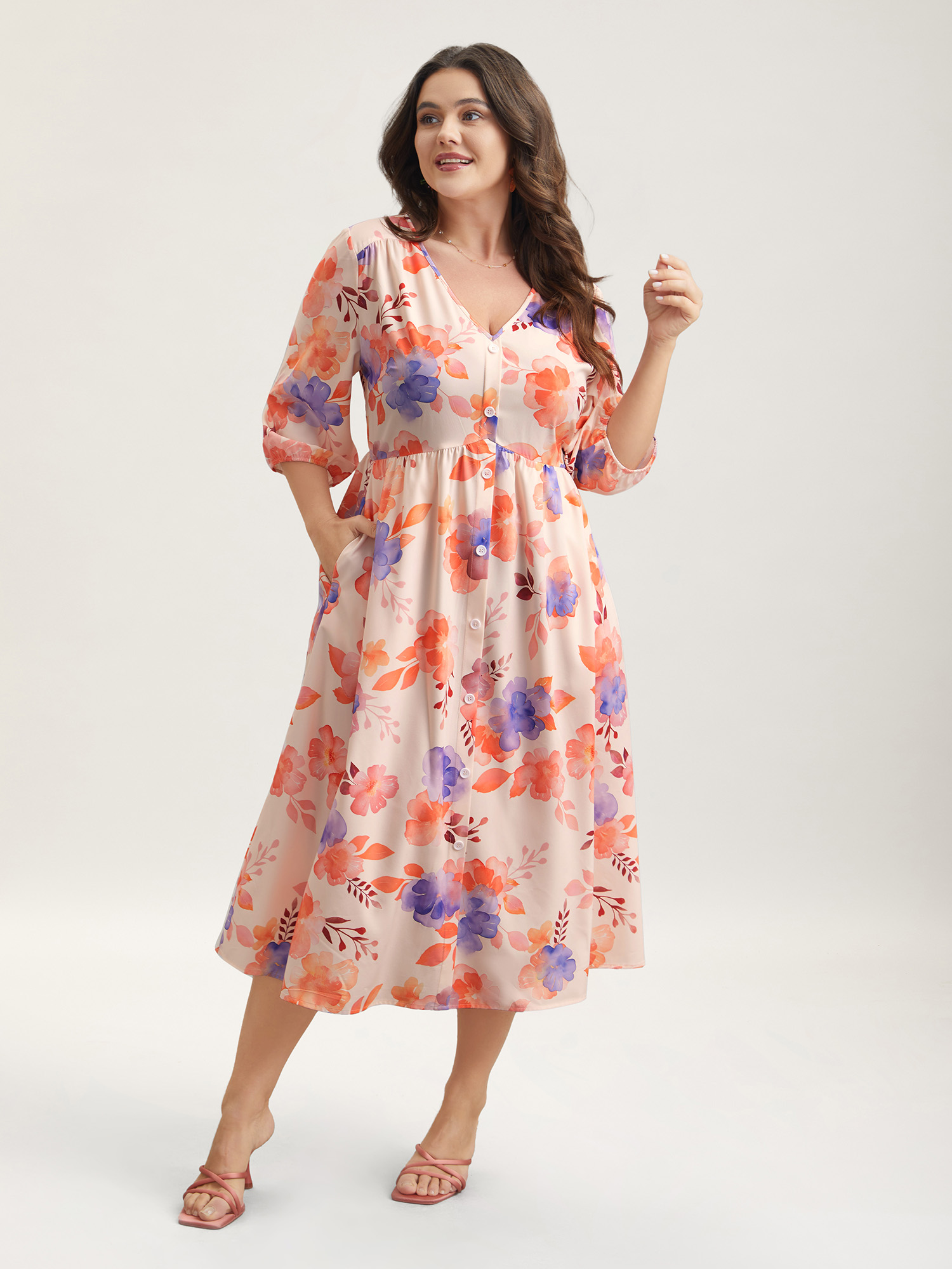 Plus Size Floral Fusion Front-Placket Midi Dress Blush Women Elegant Button V-neck Elbow-length sleeve Curvy BloomChic 14-16/1X 
