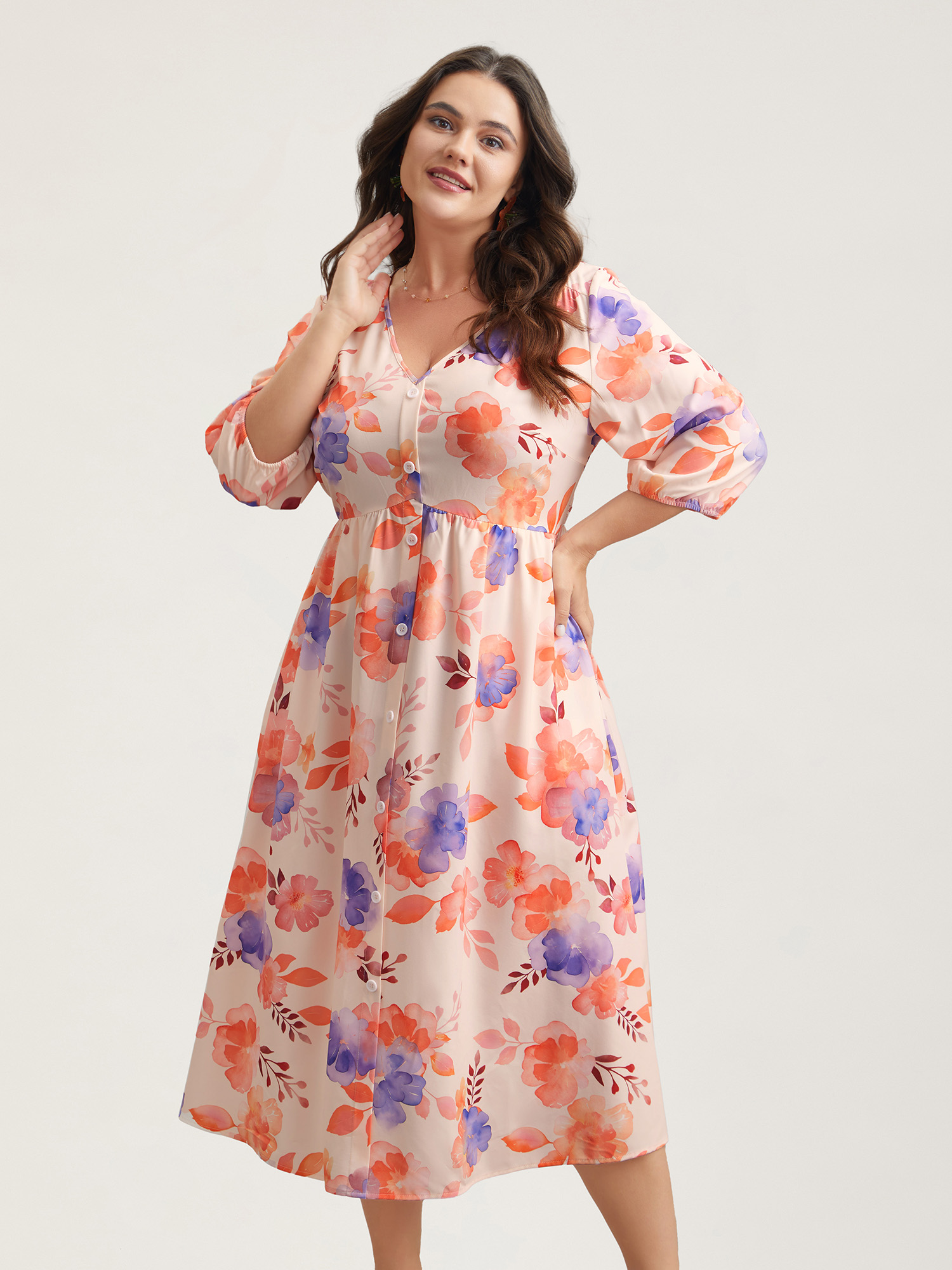 Plus Size Floral Fusion Front-Placket Midi Dress Blush Women Elegant Button V-neck Elbow-length sleeve Curvy BloomChic 14-16/1X 
