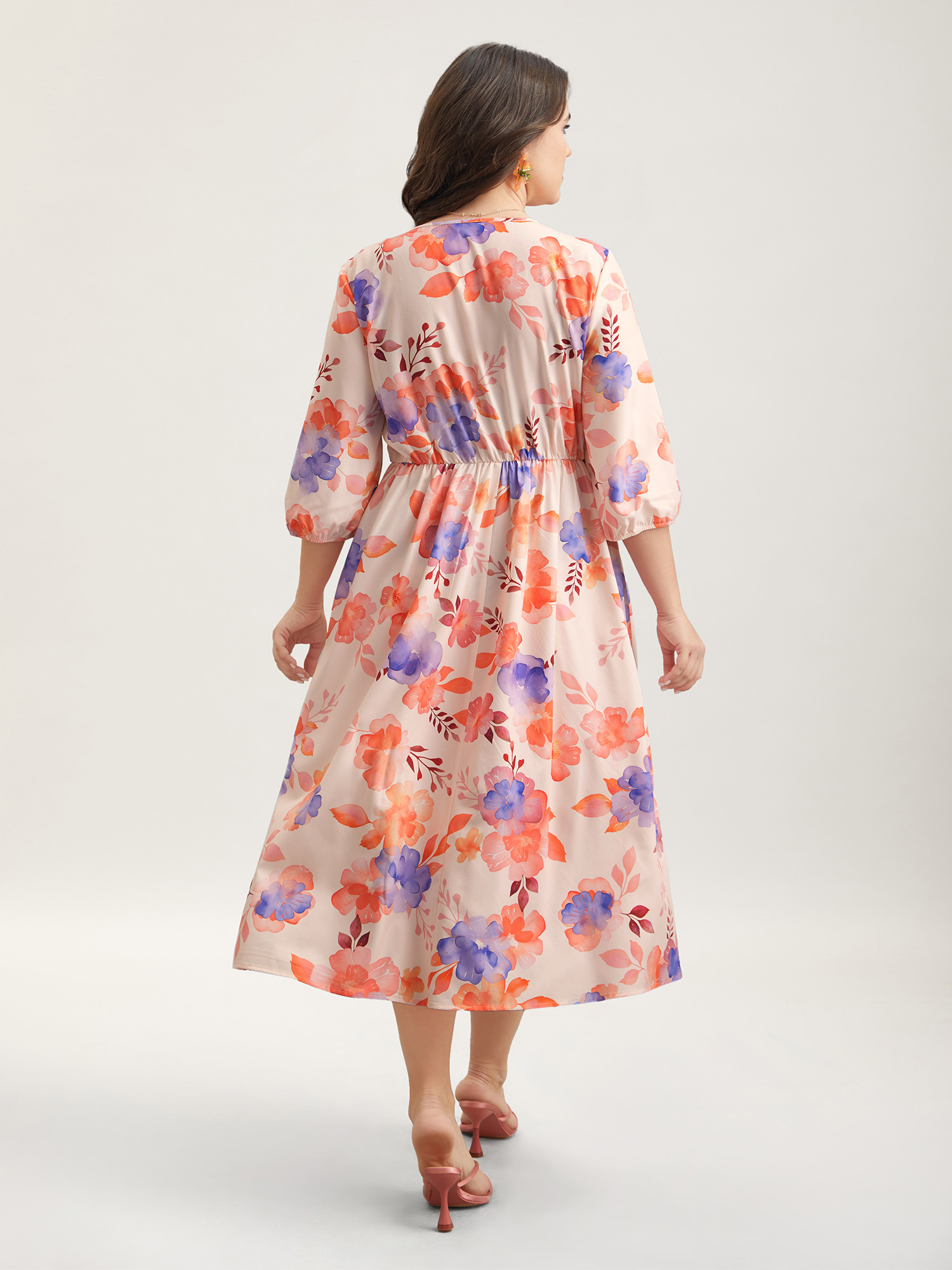 Plus Size Floral Fusion Front-Placket Midi Dress Blush Women Elegant Button V-neck Elbow-length sleeve Curvy BloomChic 14-16/1X 