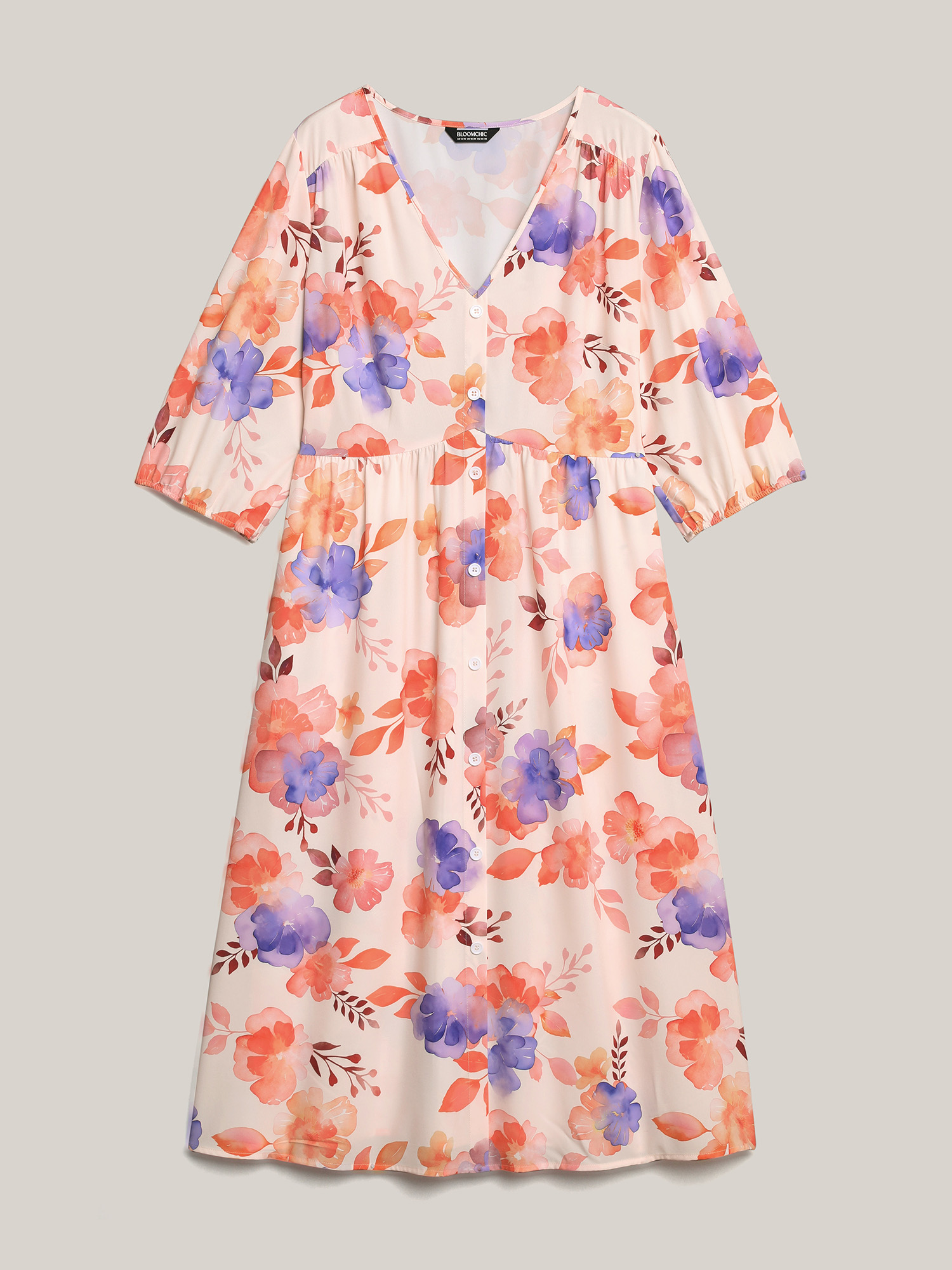 Plus Size Floral Fusion Front-Placket Midi Dress Blush Women Elegant Button V-neck Elbow-length sleeve Curvy BloomChic 14-16/1X 