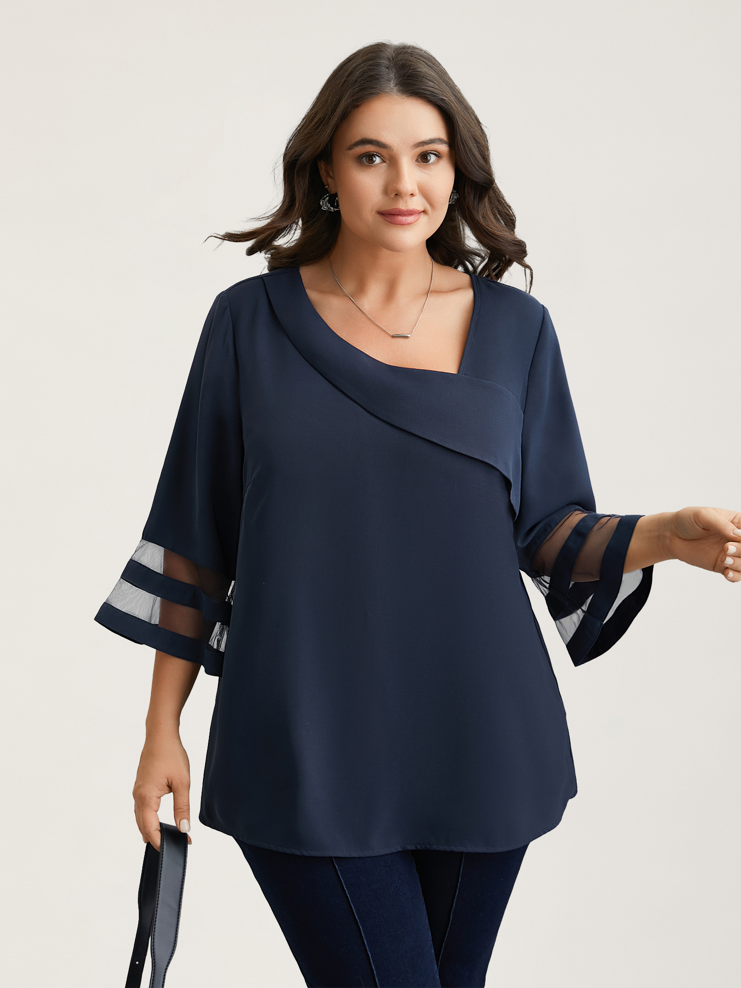 

Plus Size Indigo Sheer Sleeve Patchwork Asymmetrical Neckline Blouse Women At the Office Elbow-length sleeve Asymmetrical Neck Work Blouses BloomChic