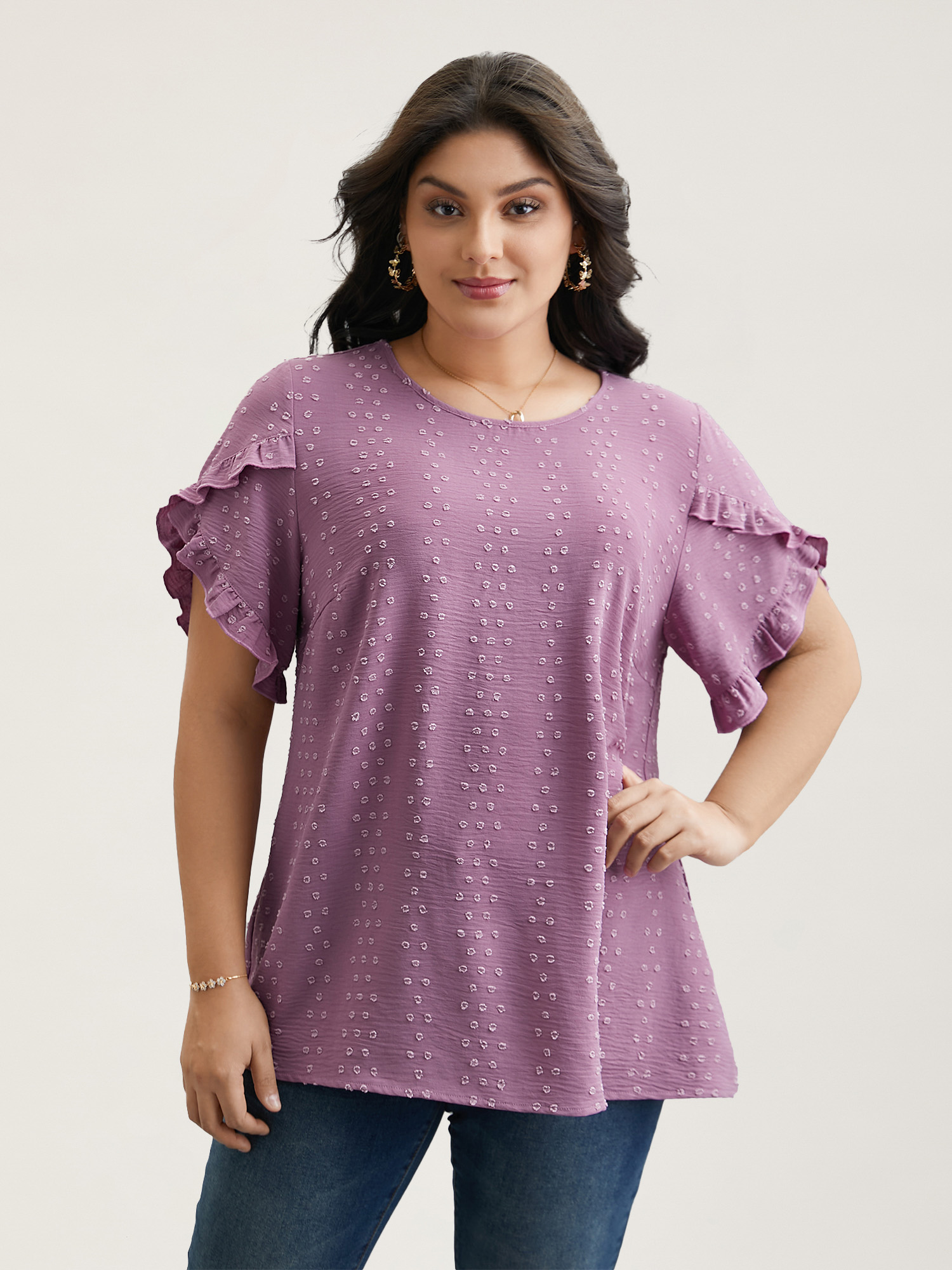 

Plus Size Mauve Textured Round Neck Ruffled Sleeve Shirt Women Elegant Short sleeve Round Neck Everyday Blouses BloomChic