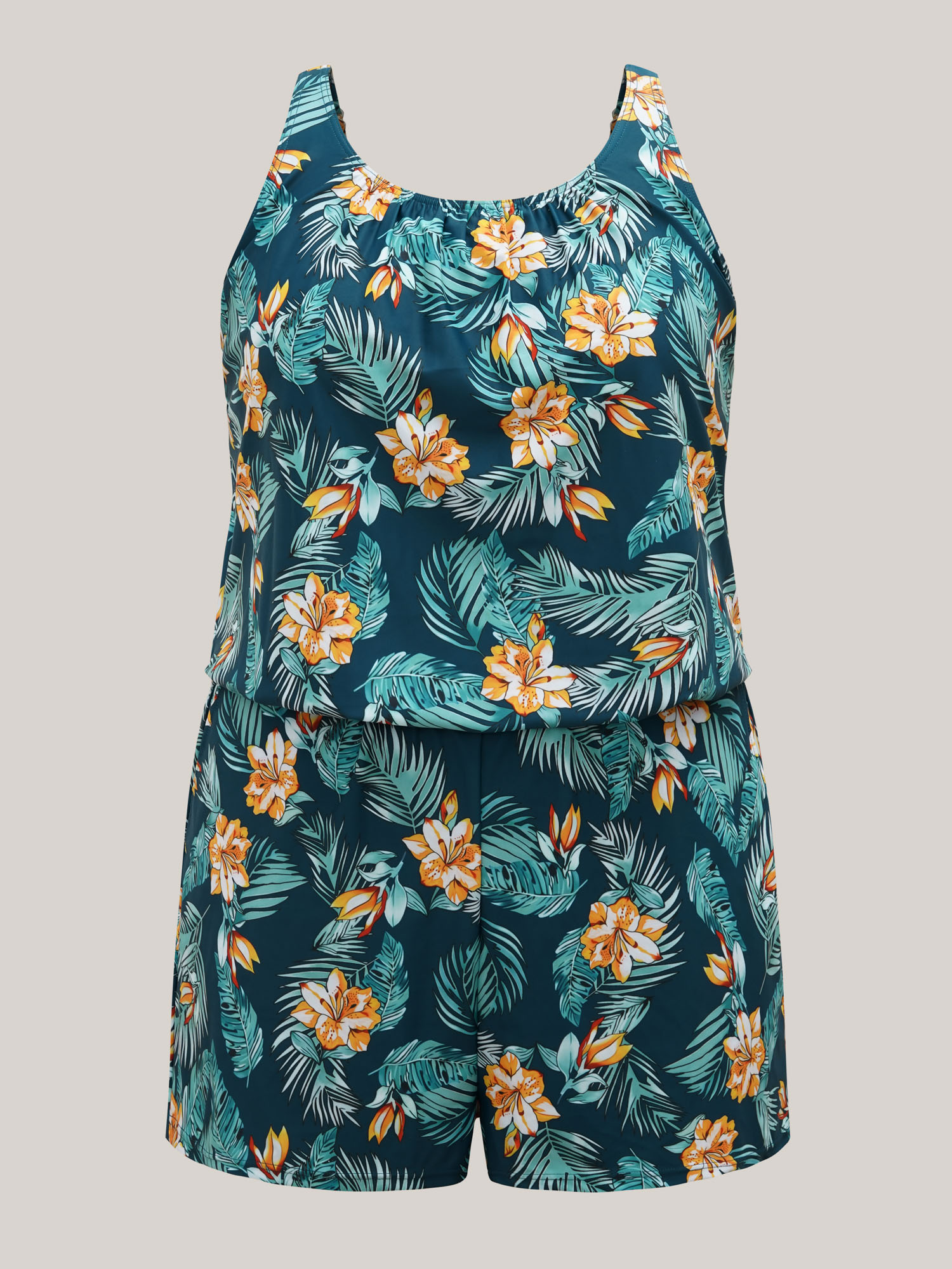 Plus Size Tropical Flower Print Pockets One-Piece Swimsuit Women`s Swimwear Indigo Beach Gathered Curve Bathing Suits High stretch One Pieces BloomChic 30/6X 