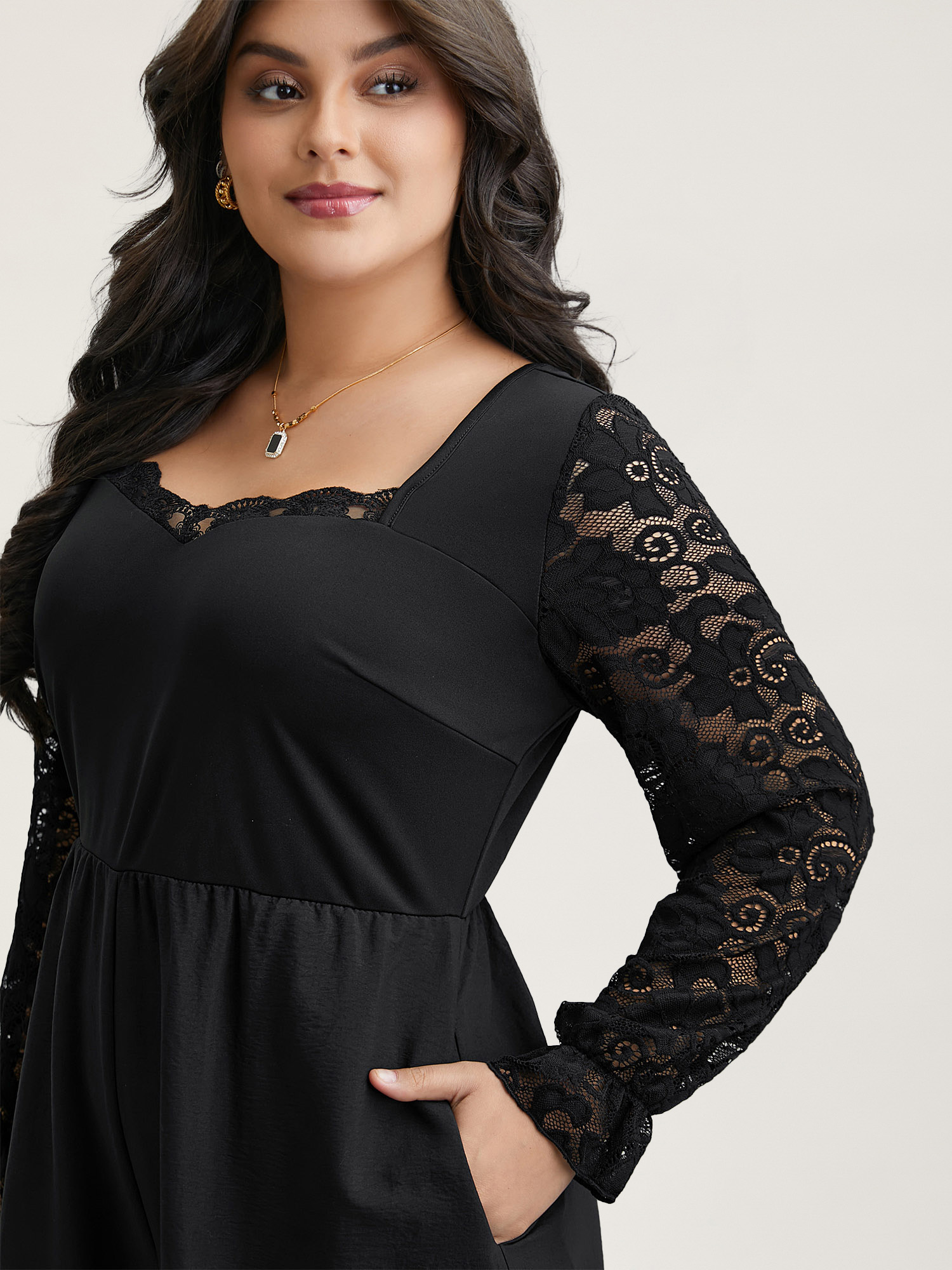 

Plus Size Black Lace Sheer Sleeve Flared Jumpsuit Women Elegant Extra Long Sleeve Heart neckline Everyday Loose Jumpsuits BloomChic