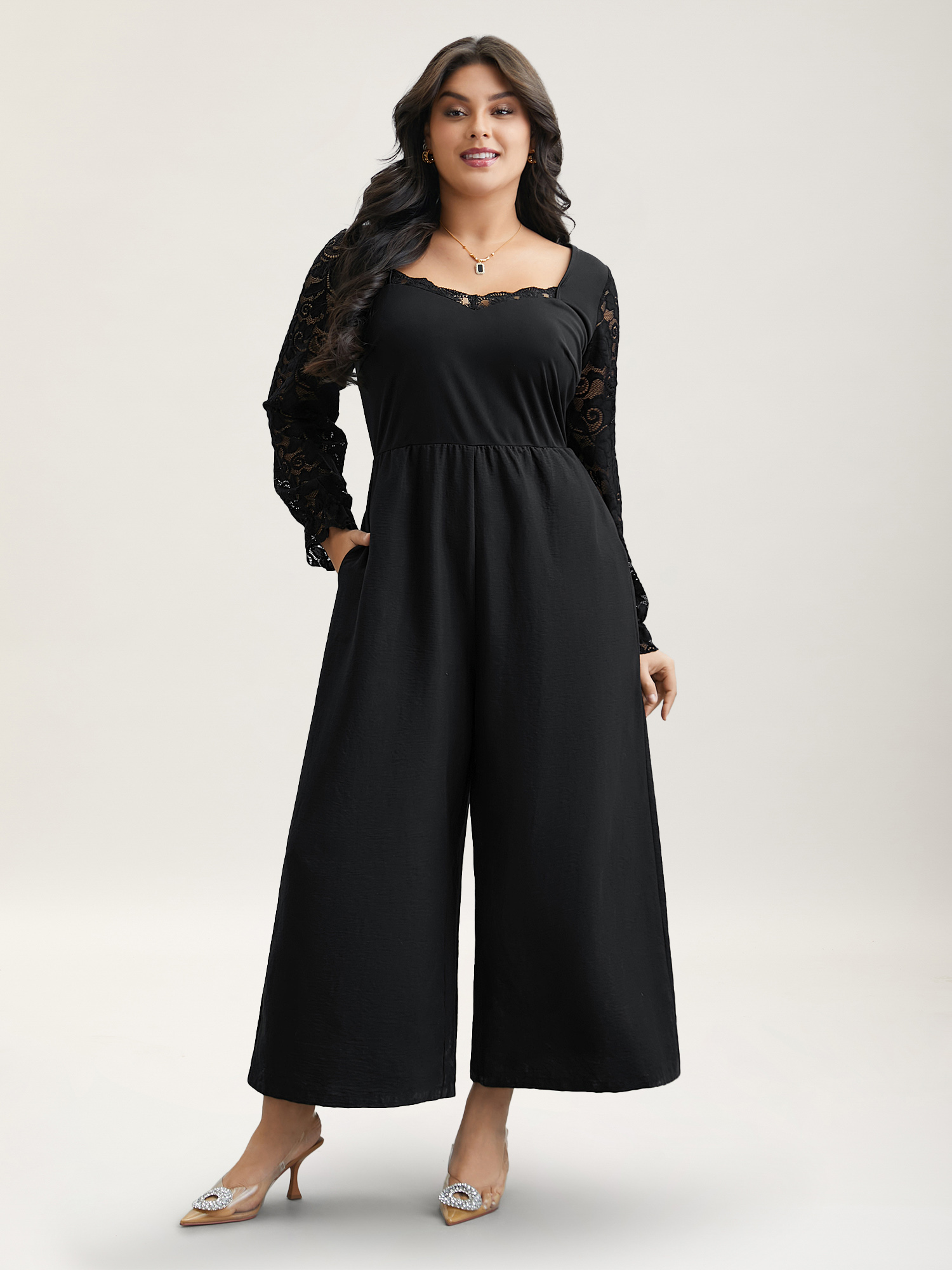 

Plus Size Black Lace Sheer Sleeve Flared Jumpsuit Women Elegant Extra Long Sleeve Heart neckline Everyday-Elegant Loose Jumpsuits BloomChic