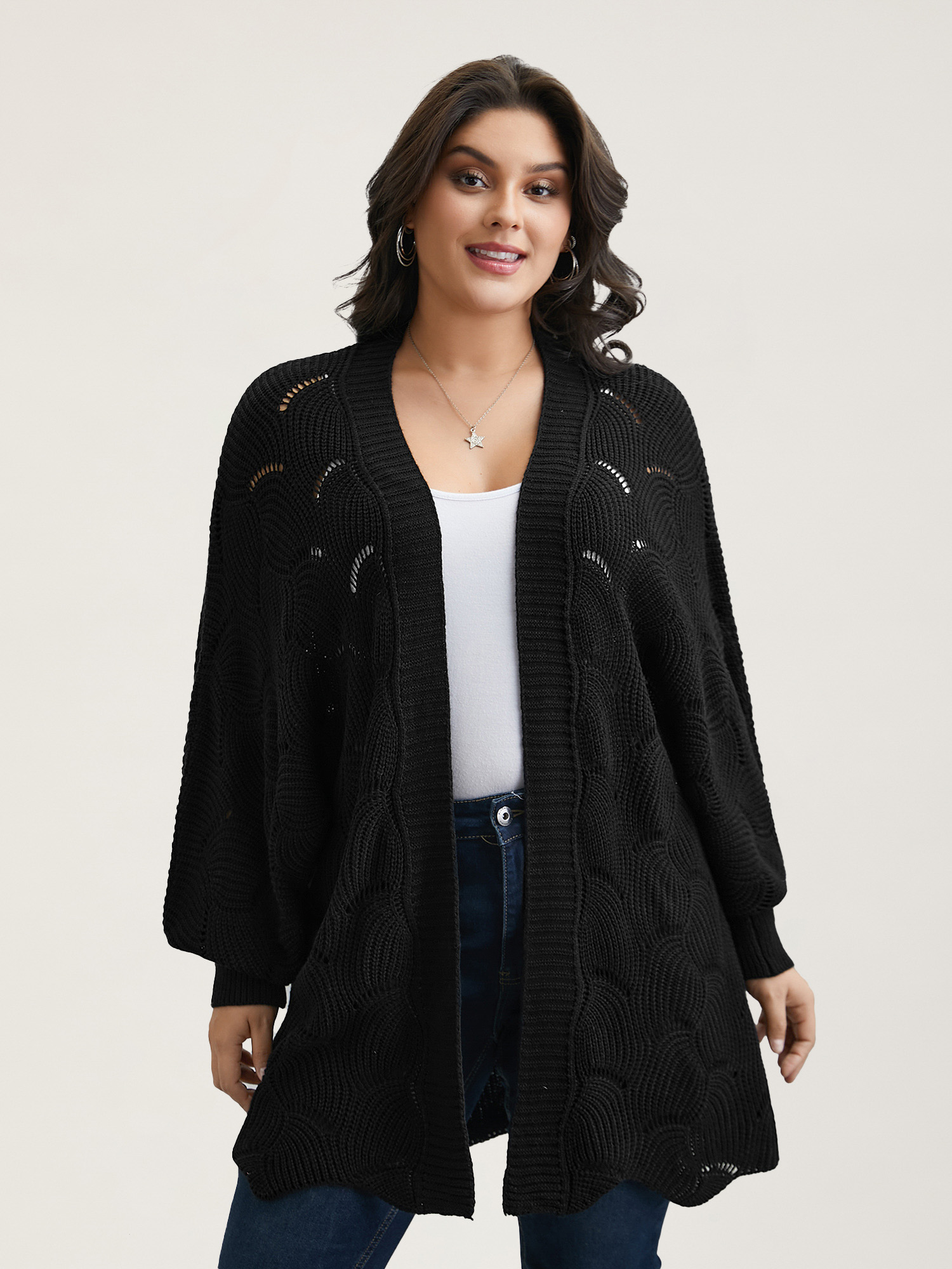 

Plus Size Textured Cut-Out Open-Front Cardigan Black Women Casual Loose Long Sleeve Everyday Cardigans BloomChic