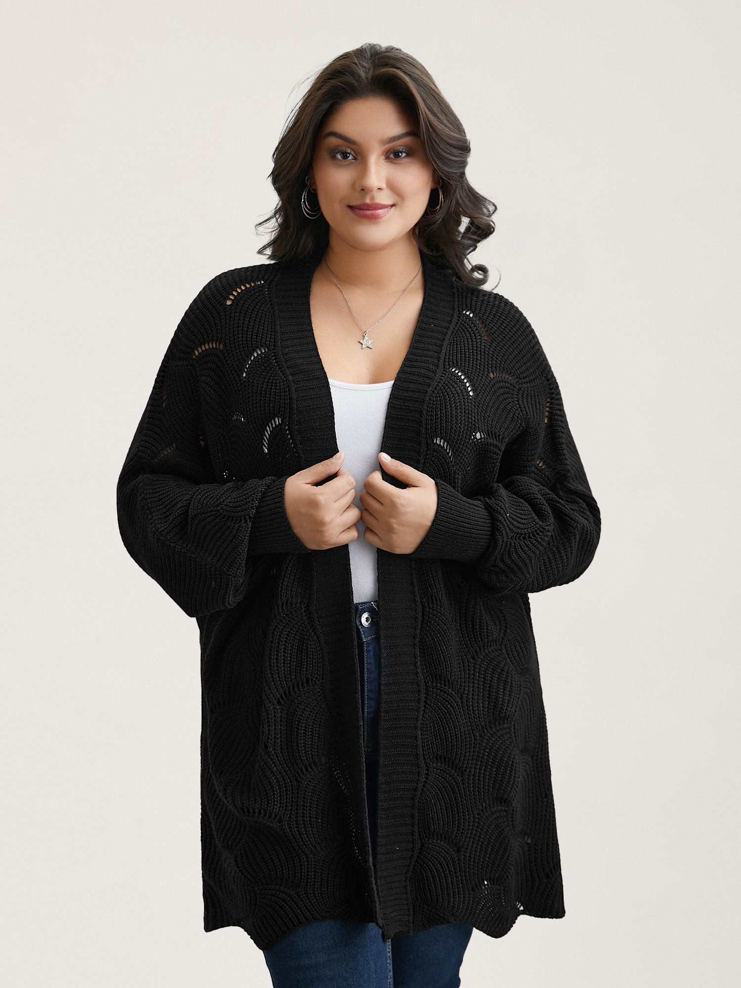 

Plus Size Textured Cut-Out Open-Front Cardigan Black Women Casual Loose Long Sleeve Everyday Cardigans BloomChic