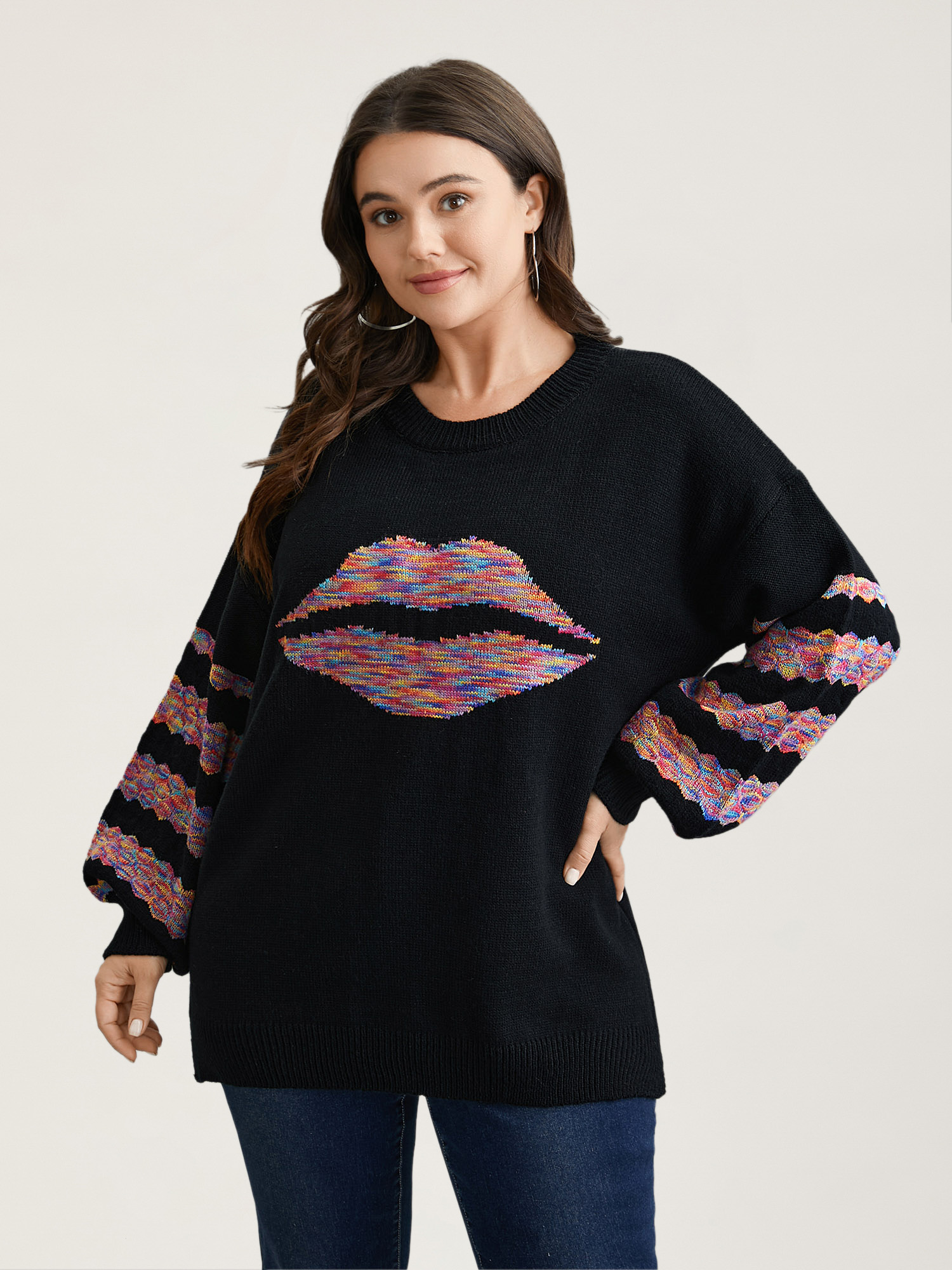 

Plus Size Lips Motif Jacquard Color Contrast Pullover Black Women Casual Loose Long Sleeve Round Neck Everyday Pullovers BloomChic