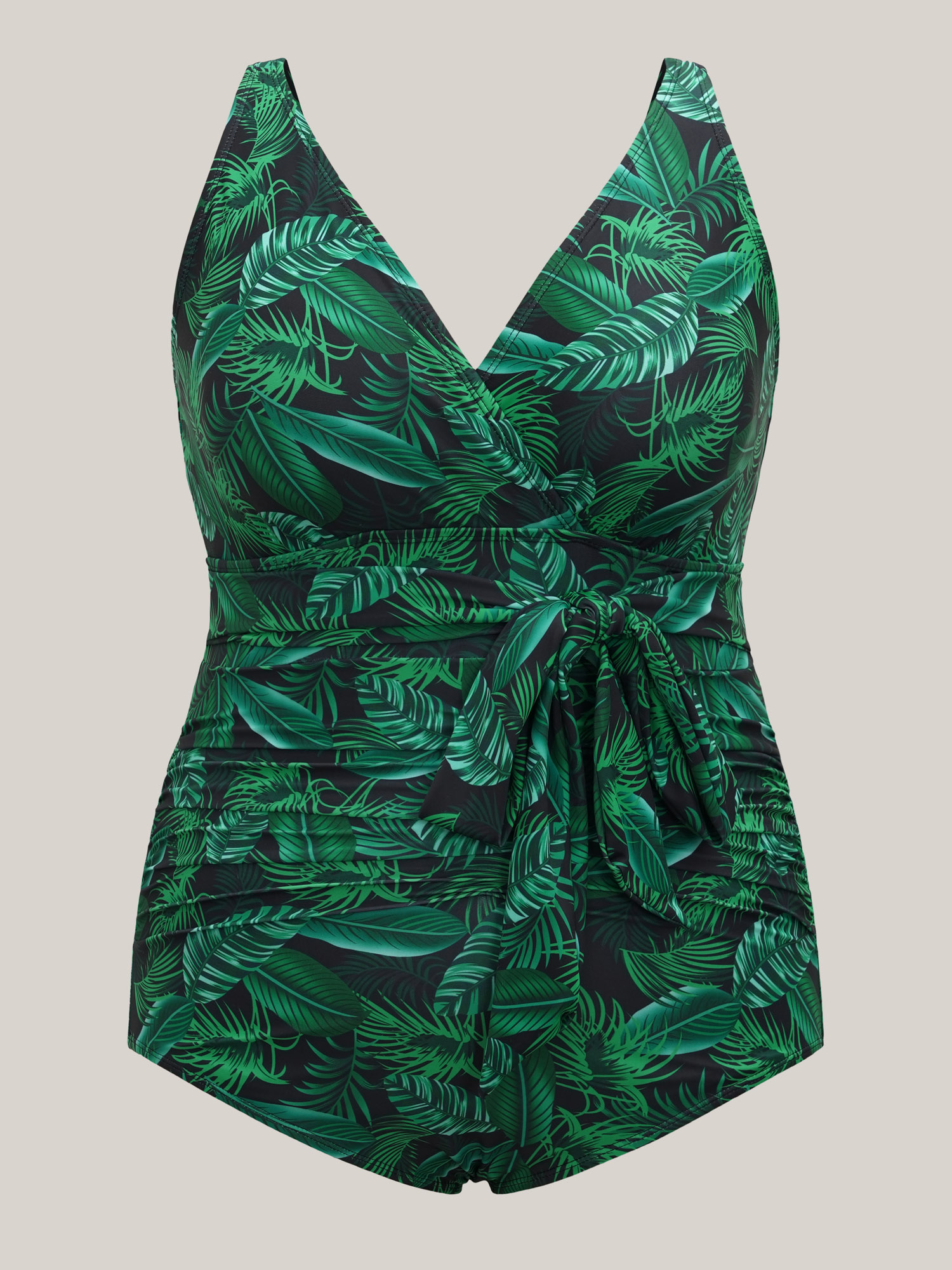 Plus Size Tropical Leaf Print One-Piece Swimsuit Women`s Swimwear DarkGreen Beach Tie knot Curve Bathing Suits High stretch One Pieces BloomChic 12/L 