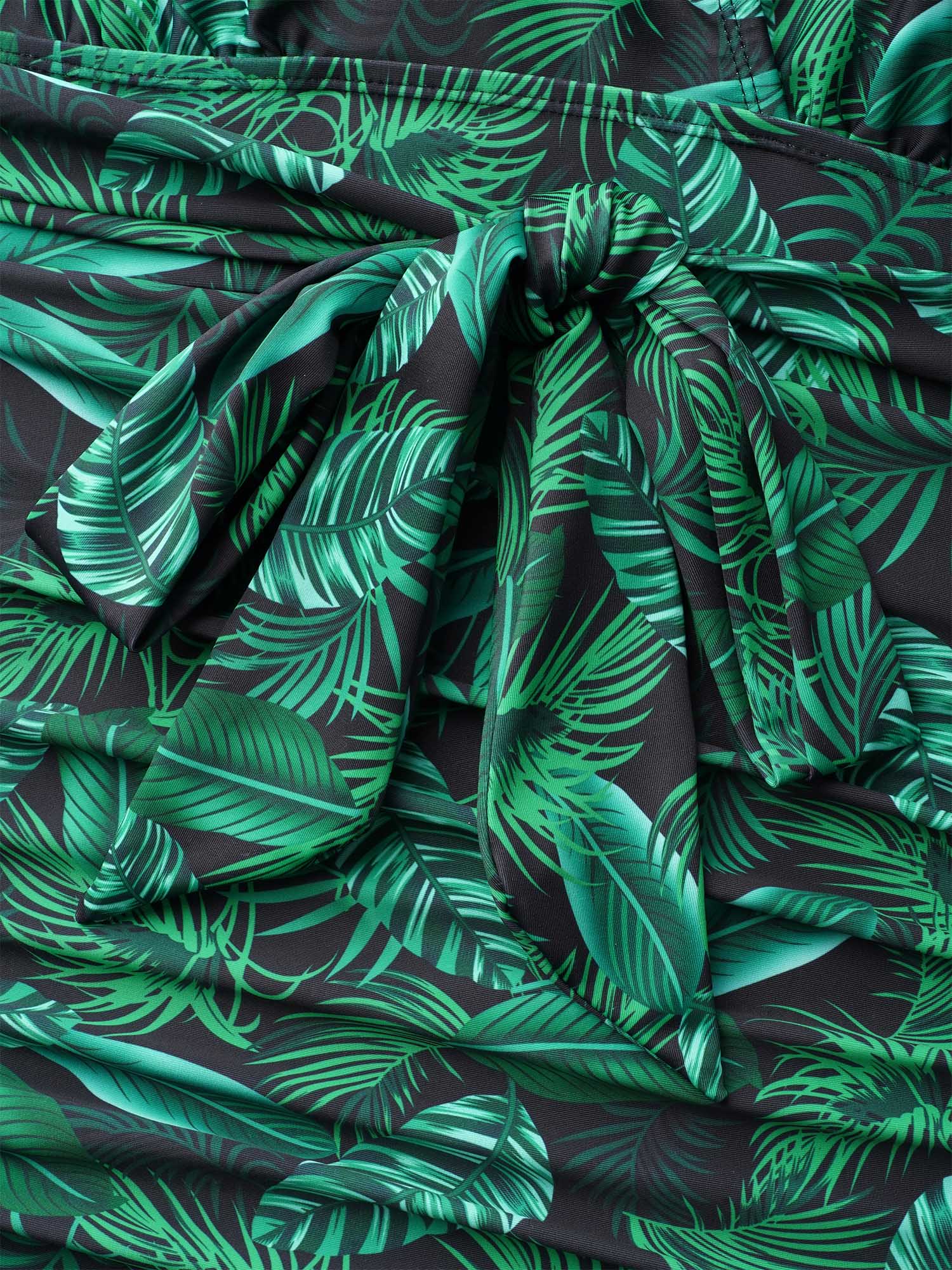Plus Size Tropical Leaf Print One-Piece Swimsuit Women`s Swimwear DarkGreen Beach Tie knot Curve Bathing Suits High stretch One Pieces BloomChic 12/L 