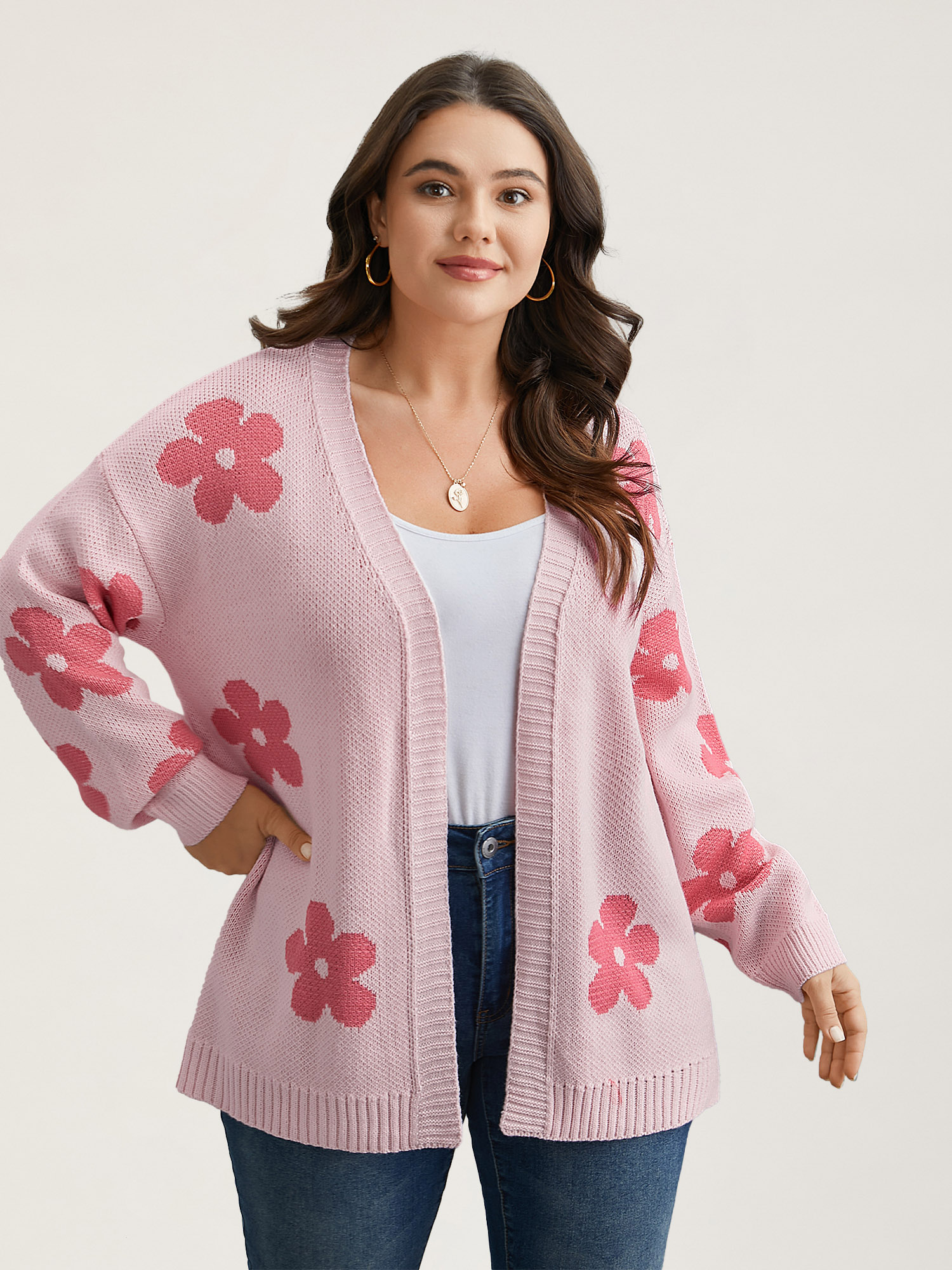 

Plus Size Floral Jacquard Ribbed Hem Knit Cardigan Lightpink Women Casual Loose Long Sleeve Everyday Cardigans BloomChic