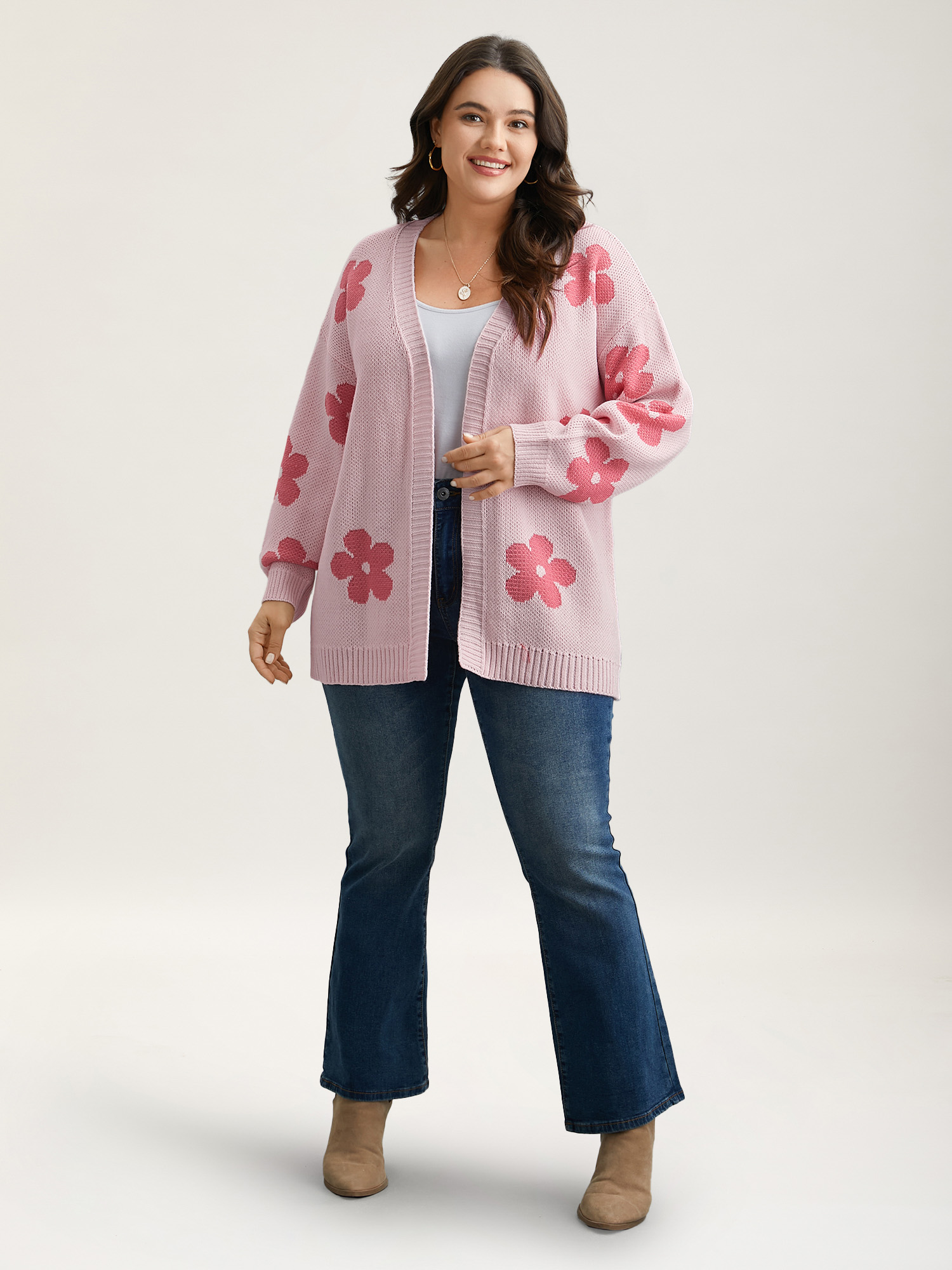 Plus Size Floral Jacquard Ribbed Hem Knit Cardigan Lightpink Women Casual Loose Long Sleeve Everyday Cardigans BloomChic 14-16/1X 