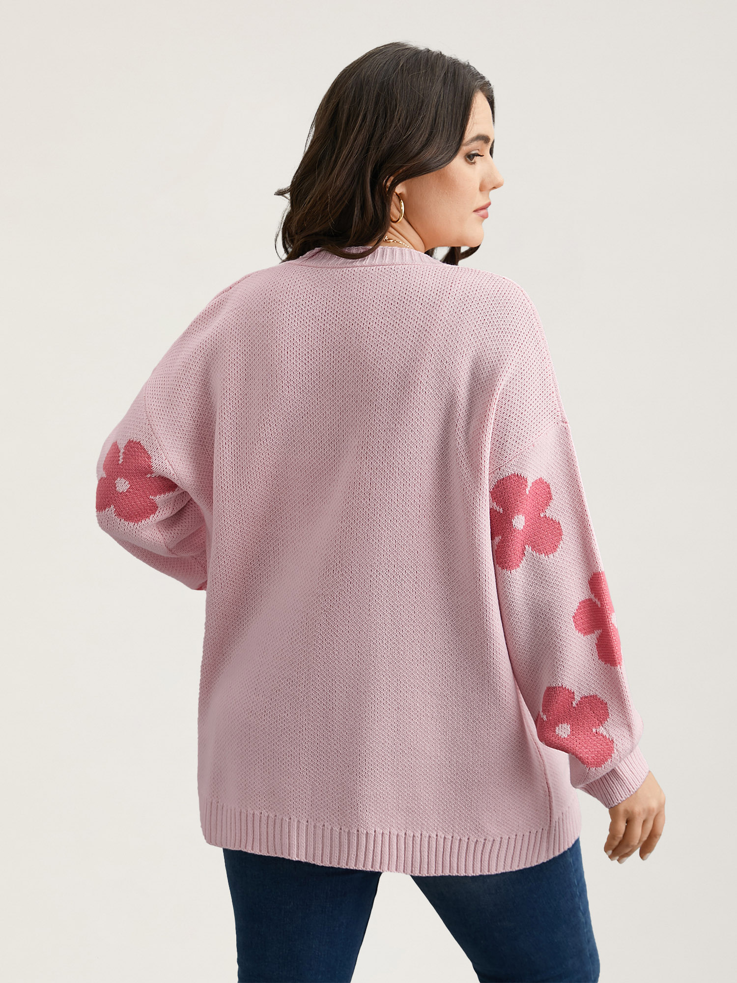 Plus Size Floral Jacquard Ribbed Hem Knit Cardigan Lightpink Women Casual Loose Long Sleeve Everyday Cardigans BloomChic 14-16/1X 