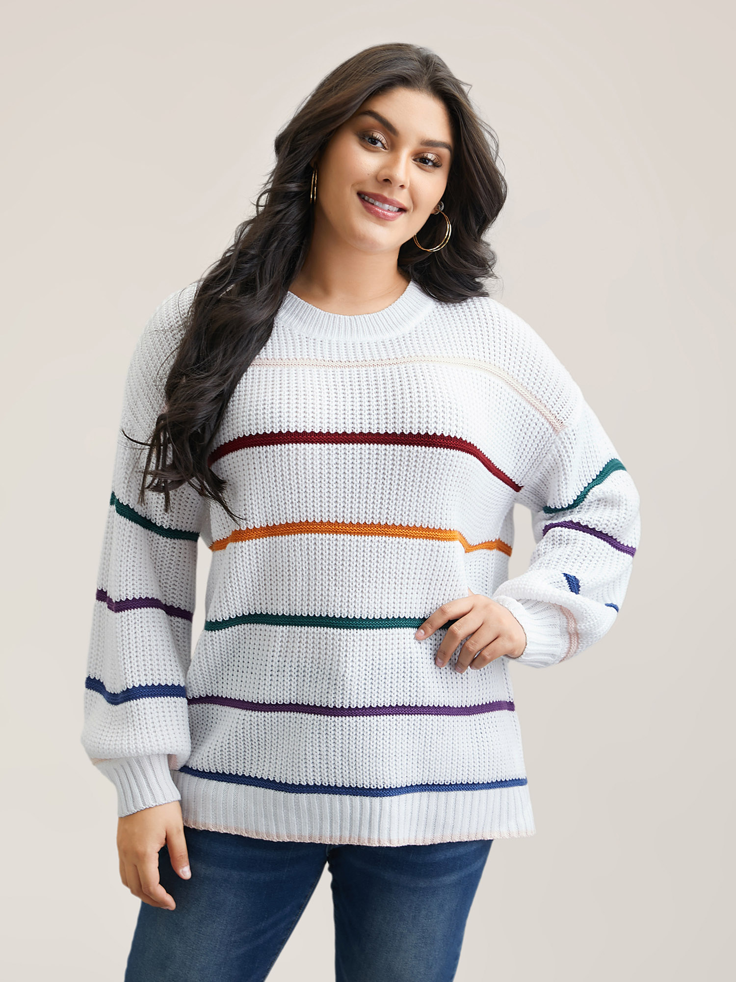 

Plus Size Multi-Color Textured Balloon Sleeve Pullover Ivory Women Casual Loose Long Sleeve Round Neck Everyday Pullovers BloomChic